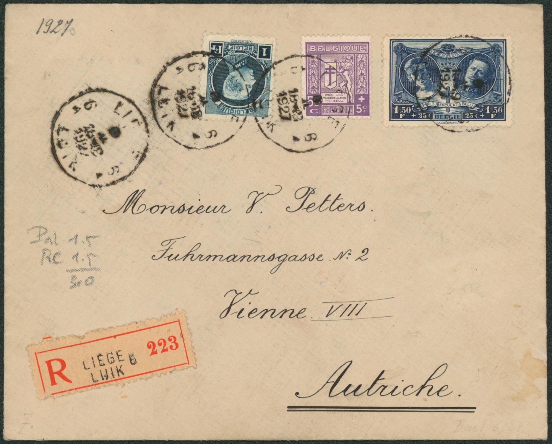 n°215, 242 et 243 sur lettre en recommandé de Liège / Luik 6 > Vienne (Autriche)