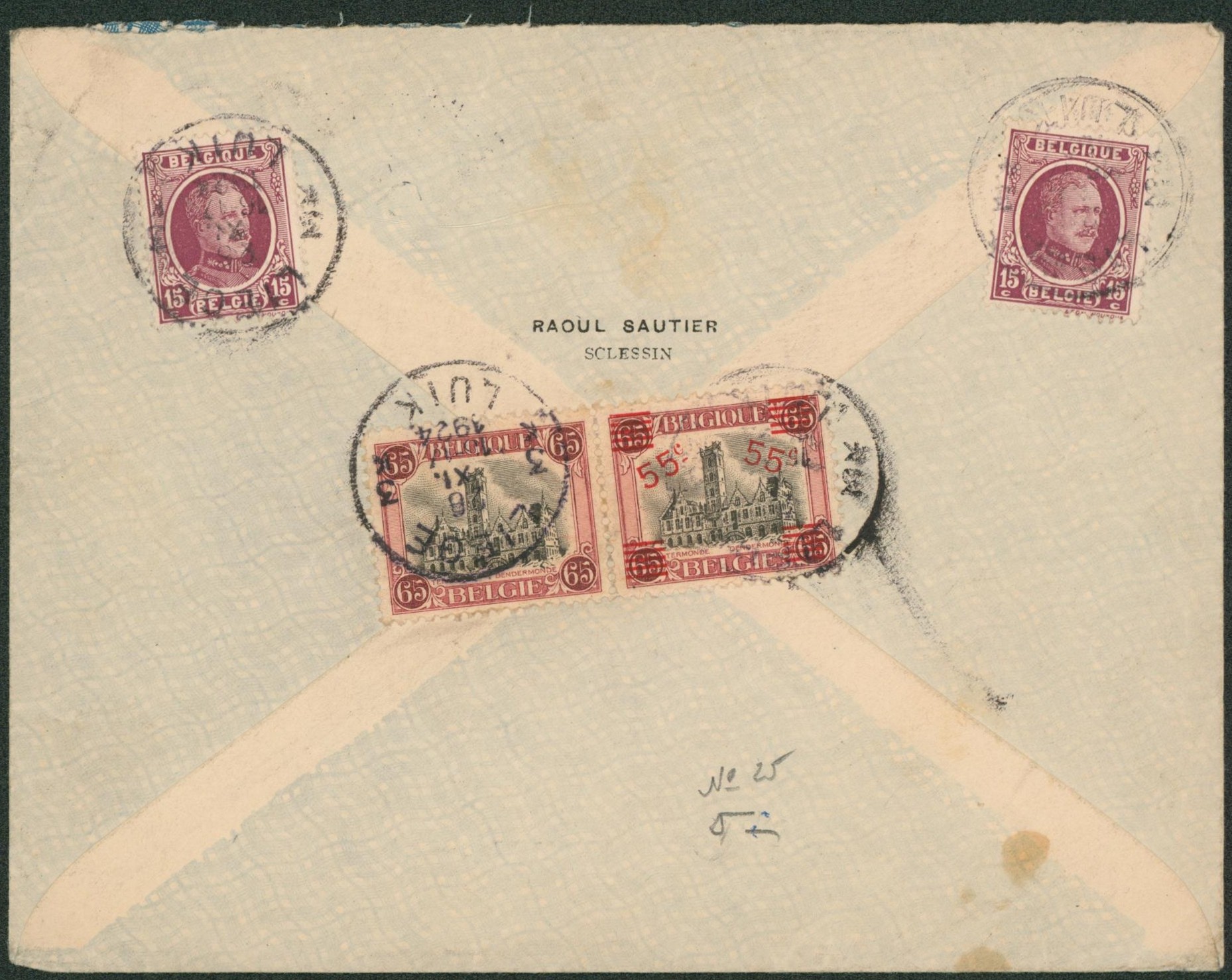 n°195 x2 et 188A au verso d'une lettre en recommandé de Liège / Luik > Vienne (Autriche)