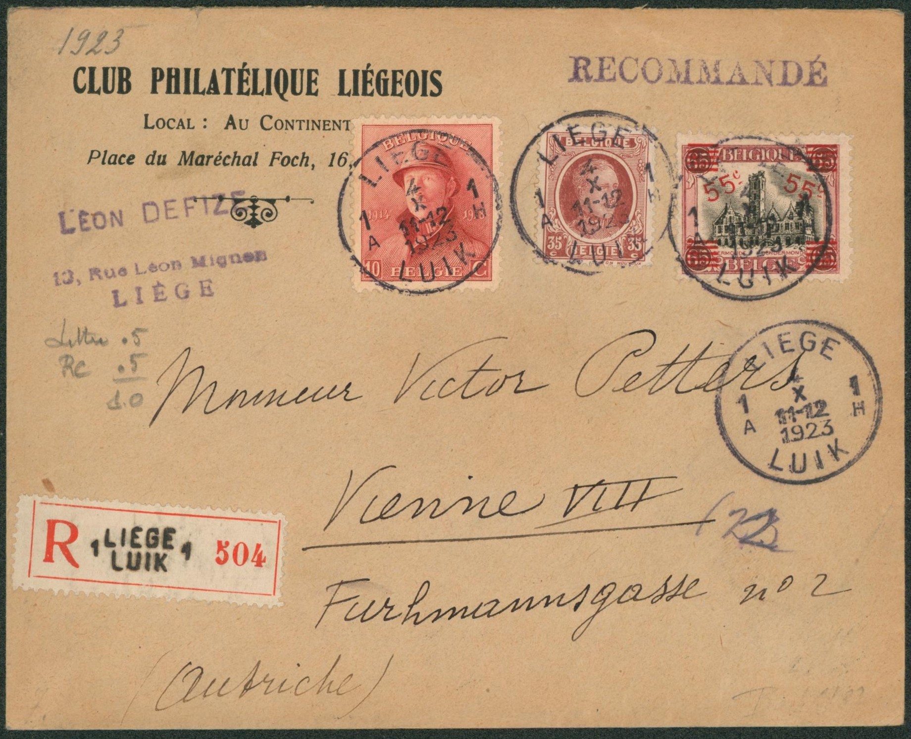n°168, 188 et 201 sur lettre en recommandé de Liège (Club philatélique Liégeois) > Vienne (Autriche)