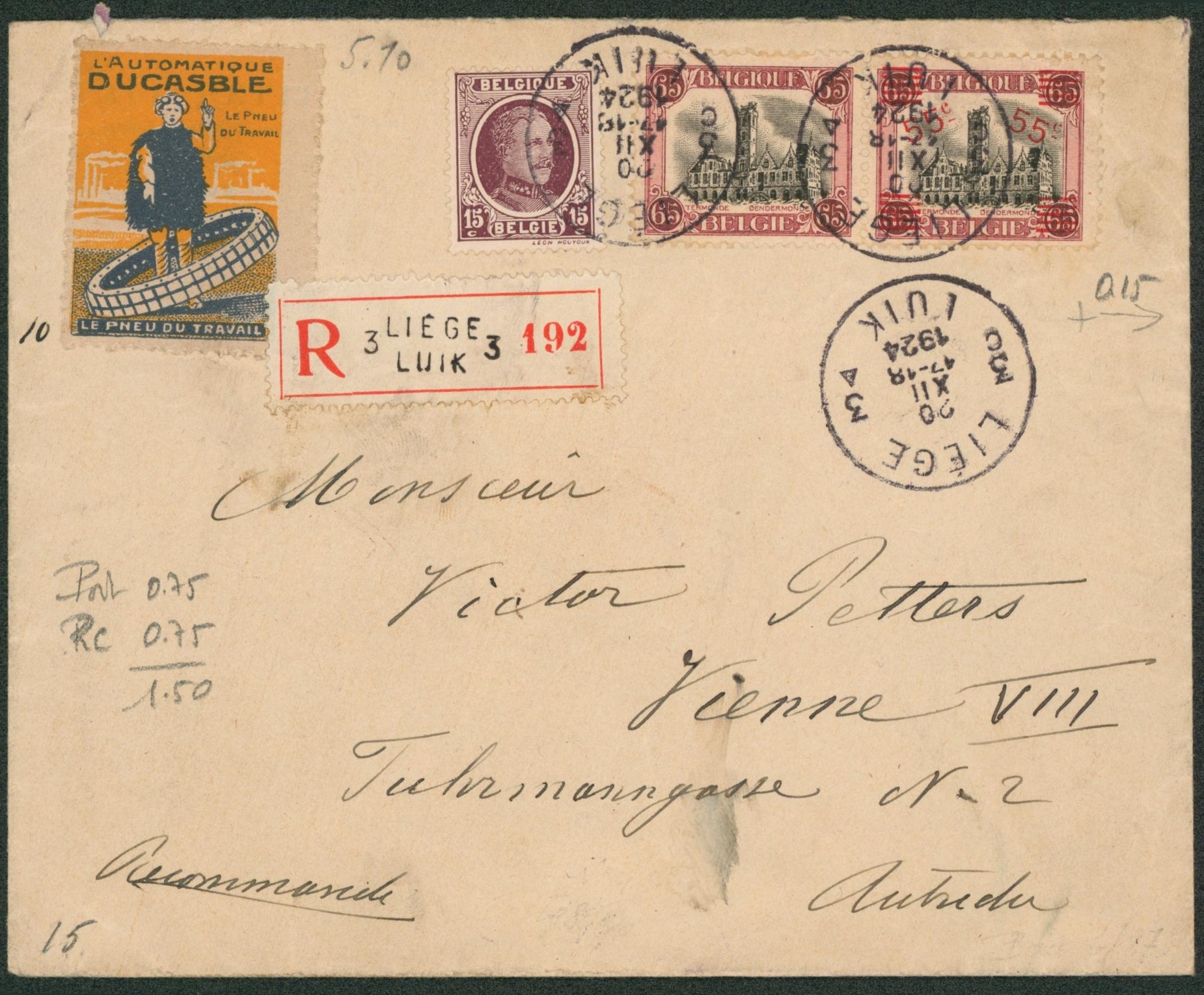 n°188A, 195, 165 x5 et 166 x6 sur lettre en recommandé de Liège + vignette (Automatique Ducasble, pneu) > Vienne (Autriche)