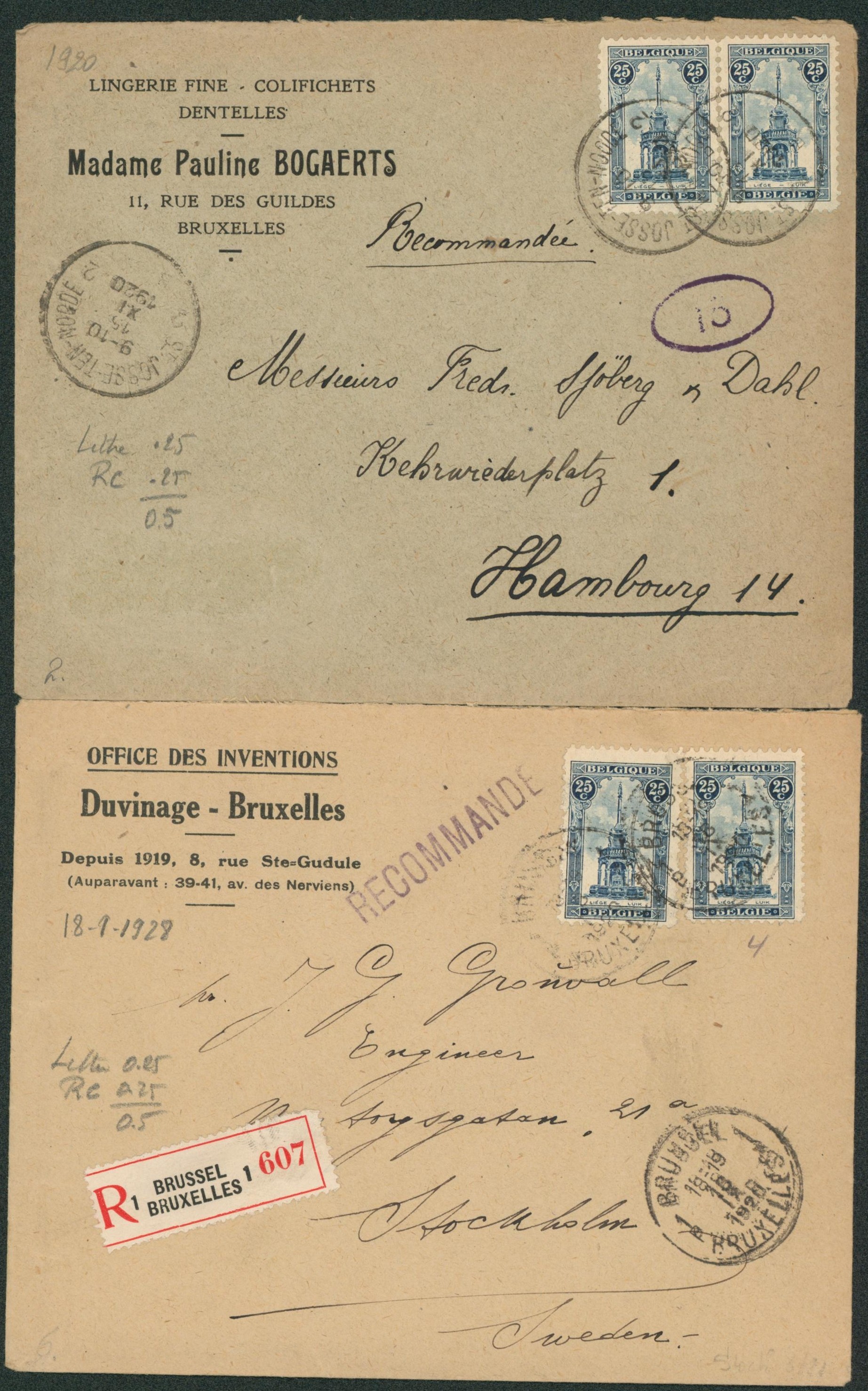 Perron de Liège - ensemble de 2 lettres en recommandé de Bruxelles & St-Josse > Stockholm et Hambourg. 