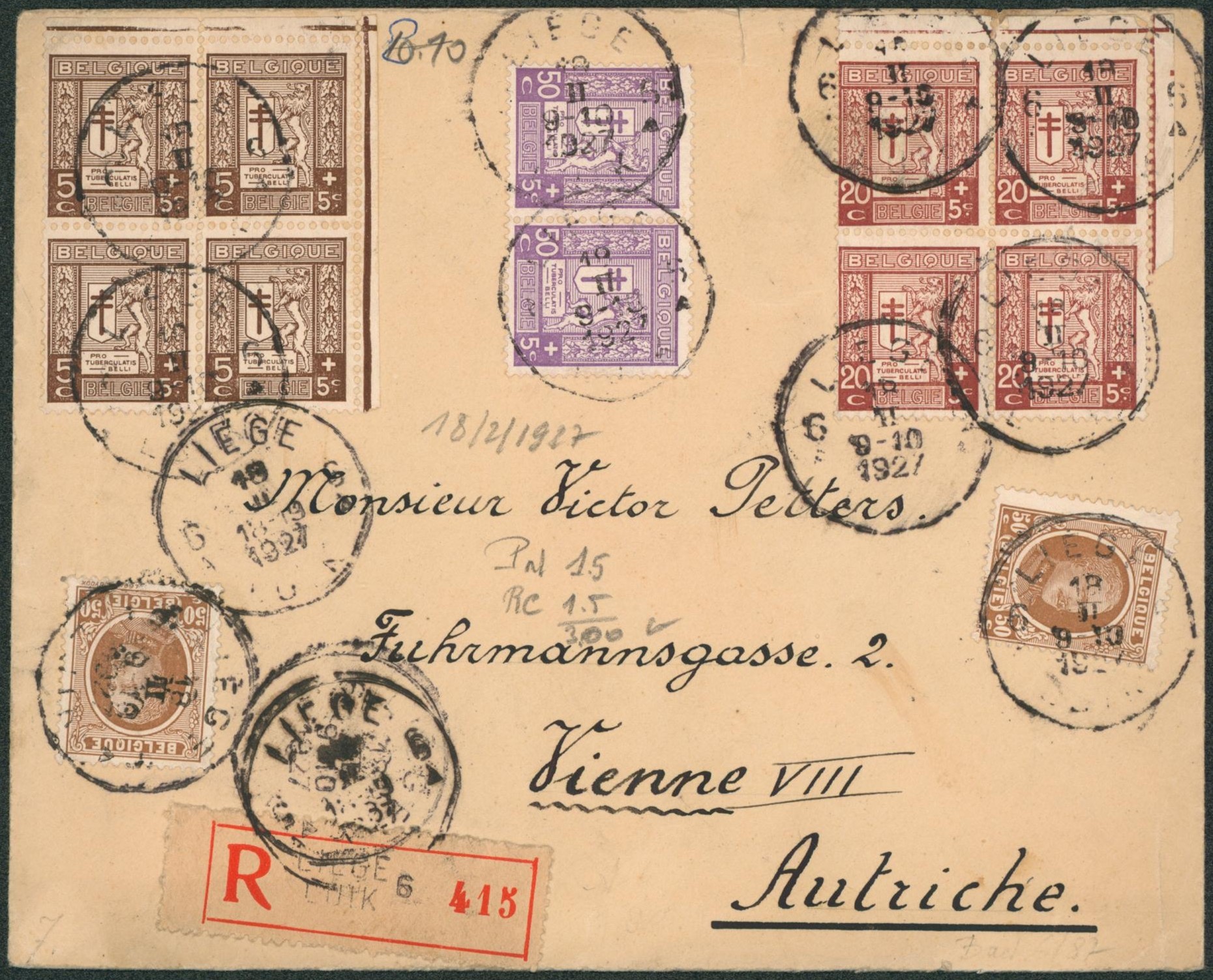 n°203 x2, 240/41 en bloc de 4 et 242 en paire sur lettre en recommandé de Liège > Vienne (Autriche)