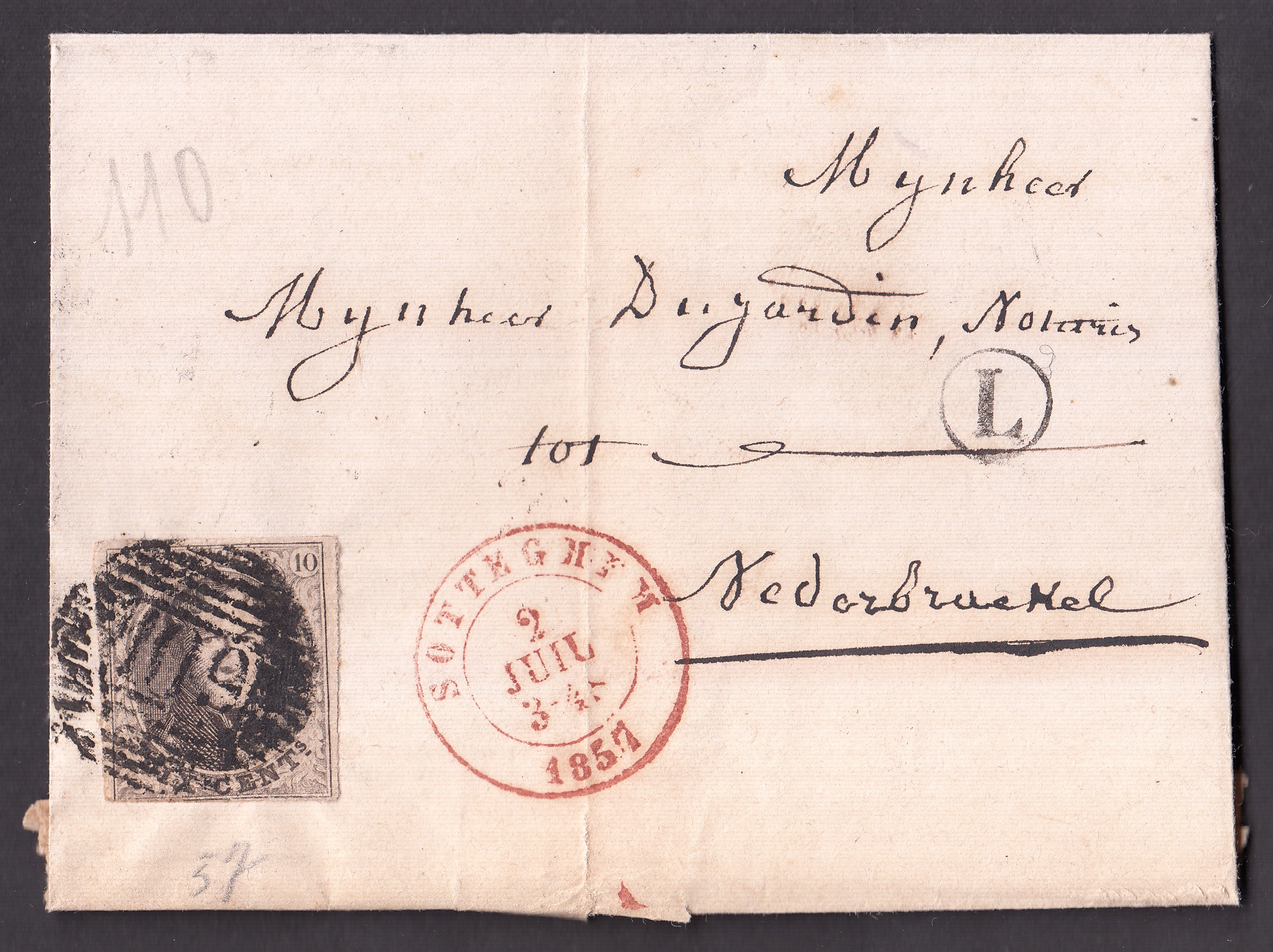 6 margé sur LSC de la boîte rurale « L » via Sotteghem le 2 JUIL.1857 vers Nederbrakel. Càd au verso.