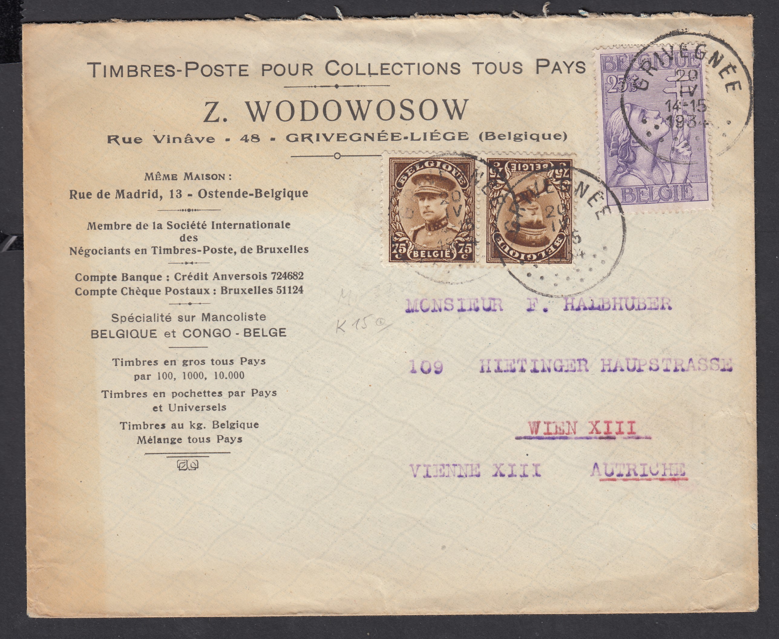 378 +TB15 sur lettre à entête « Tp pour Collections Tous Pays » de Grivegnée le 20.IV.1934 vers Wien, Autriche.