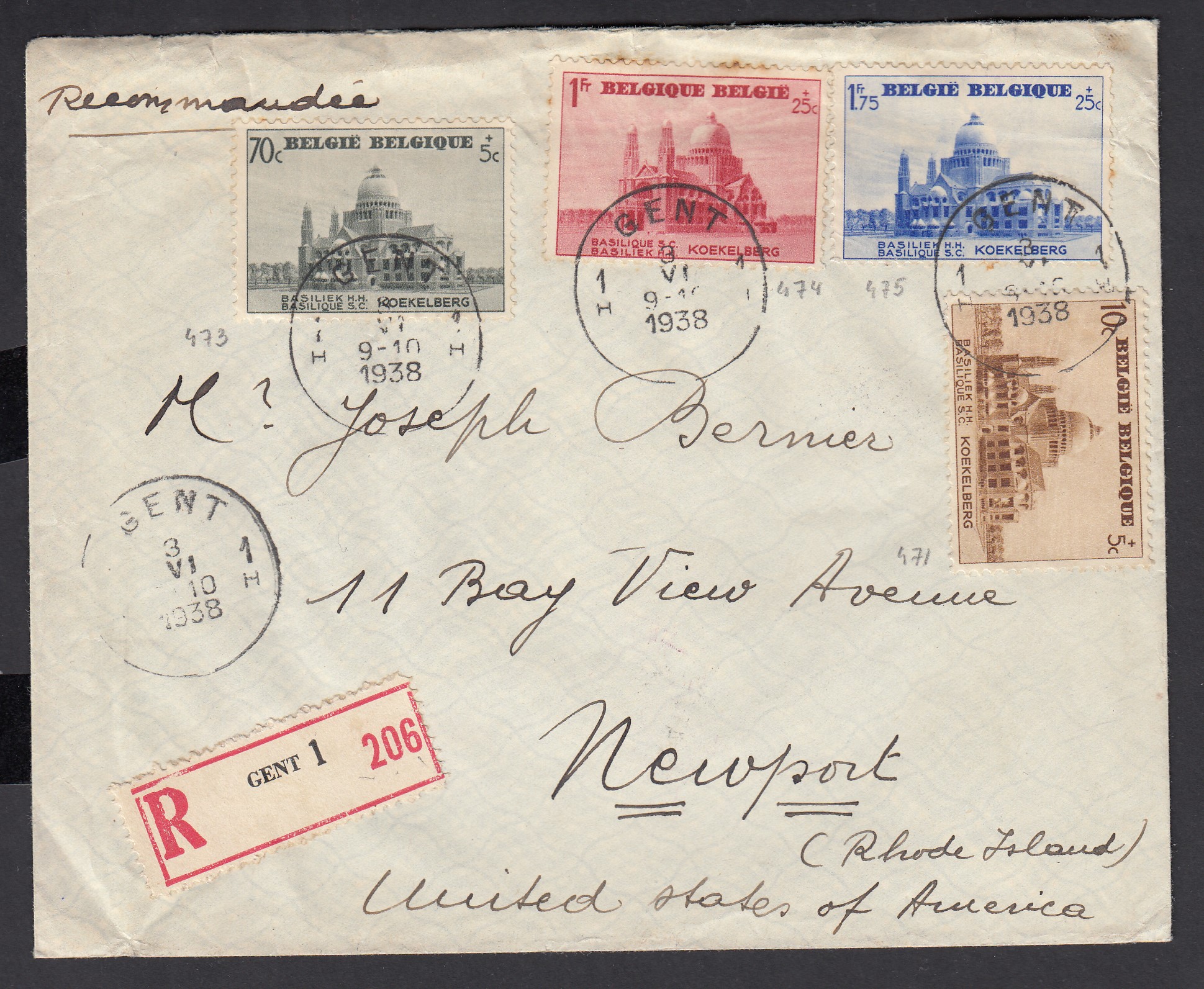 471 +473/75 sur lettre en recommandé de Gent le 9.VI.1938 vers Newport.