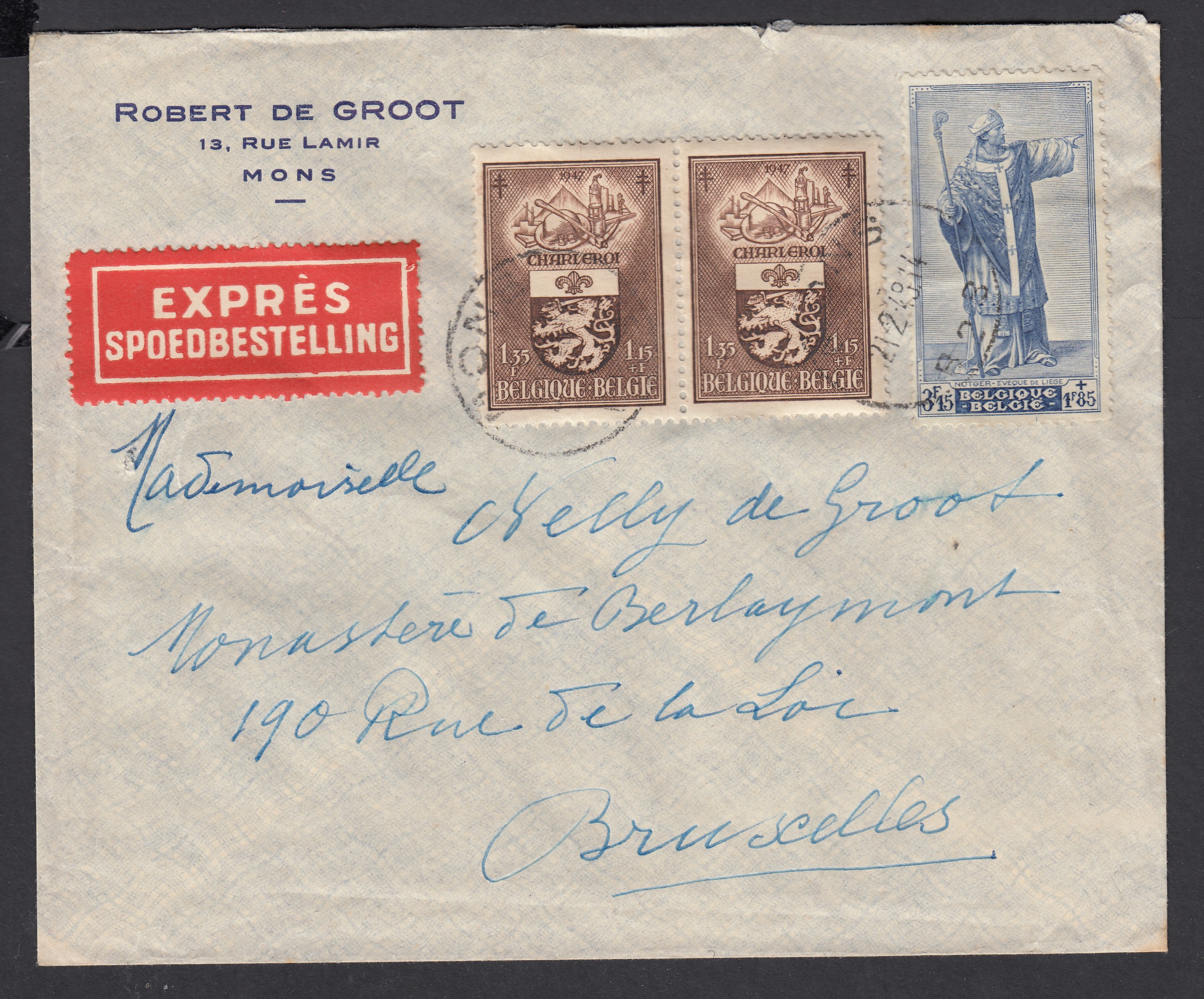 754 +758 en paire sur lettre en exprès de Mons le 21.2.1948 vers BXL.