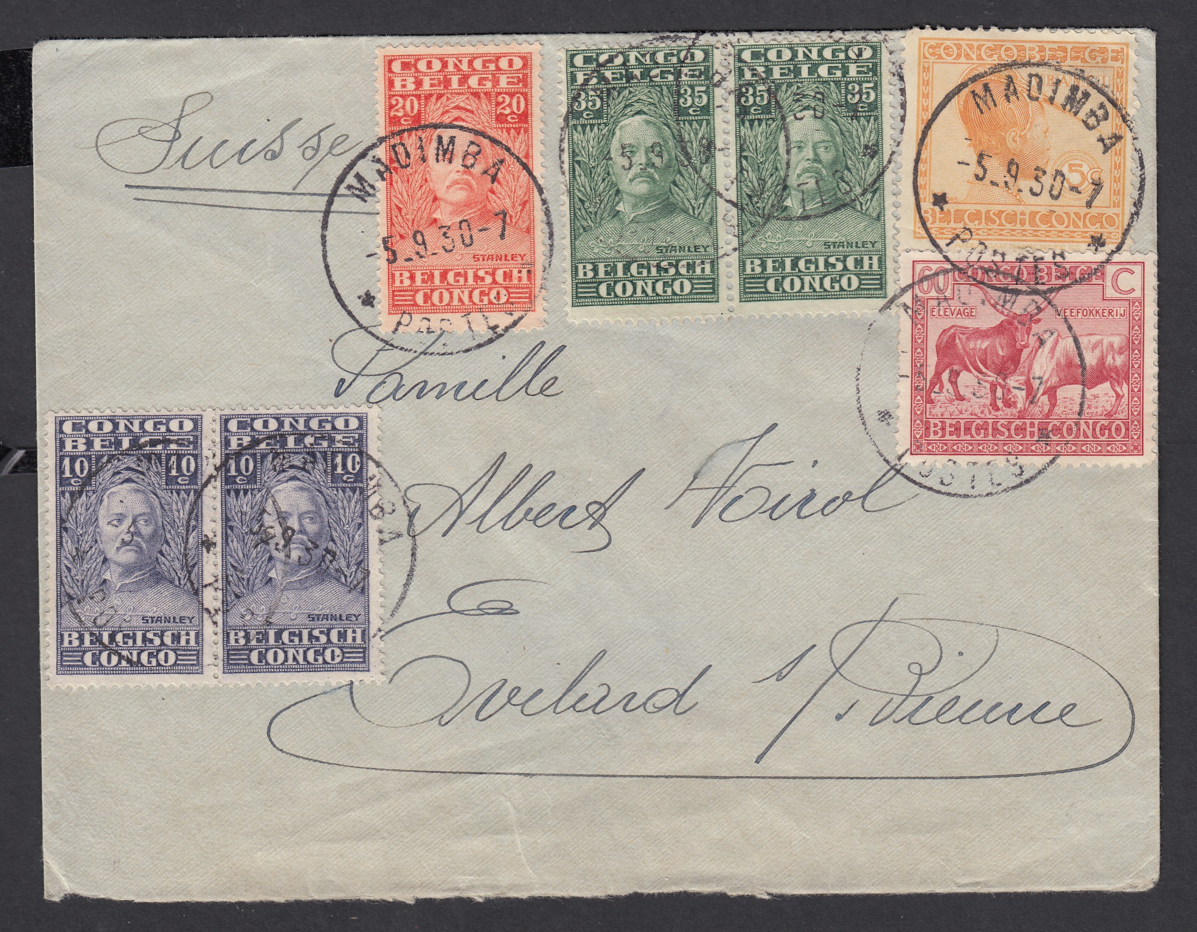 106 +124 +136 en paire +137 +138 en paire sur lettre de Madimba le 5.9.1930 vers la Suisse.