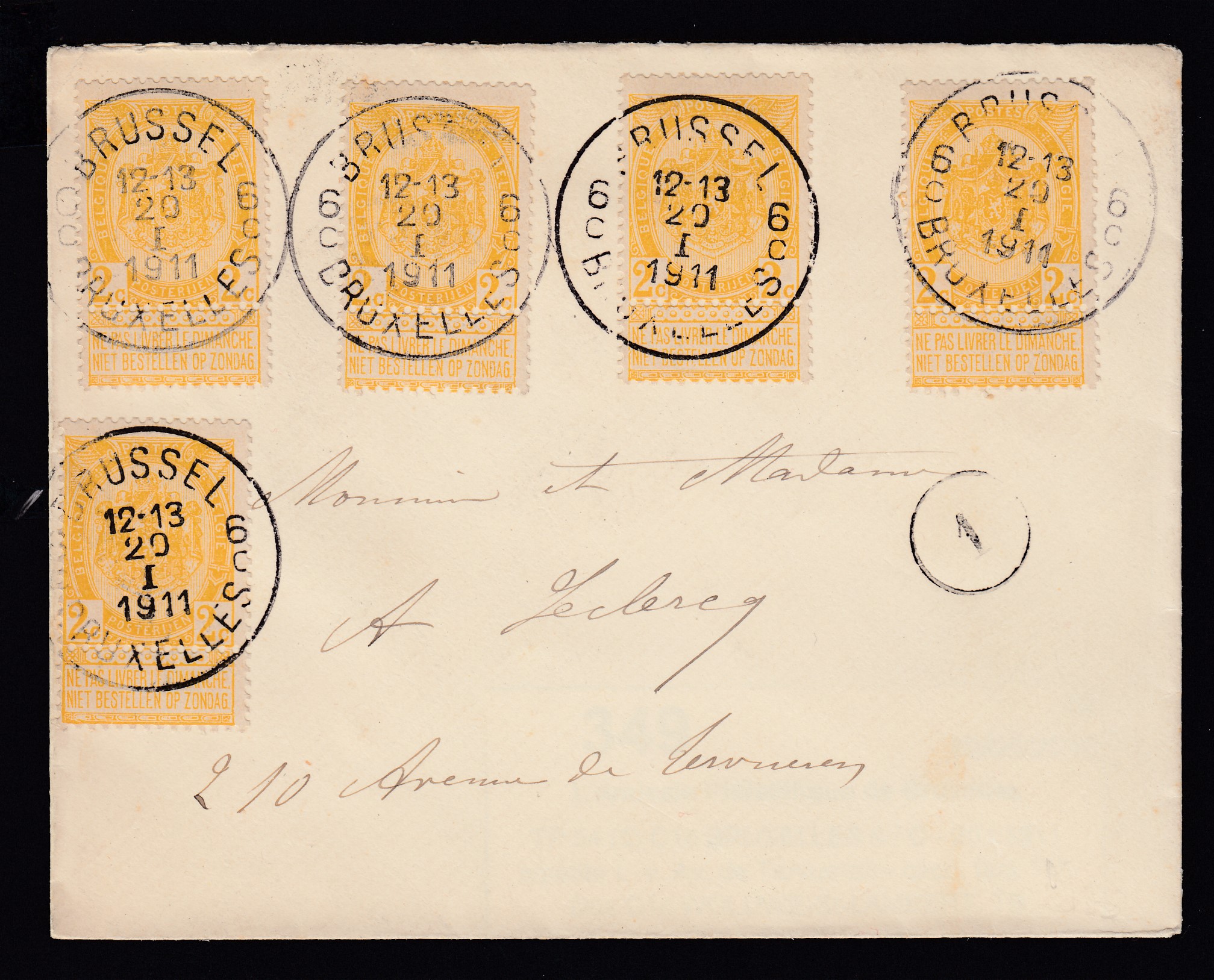 54 x5 sur lettre de BXL le 20.I.1911 vers Woluwé-St-Lambert. Càd au verso.