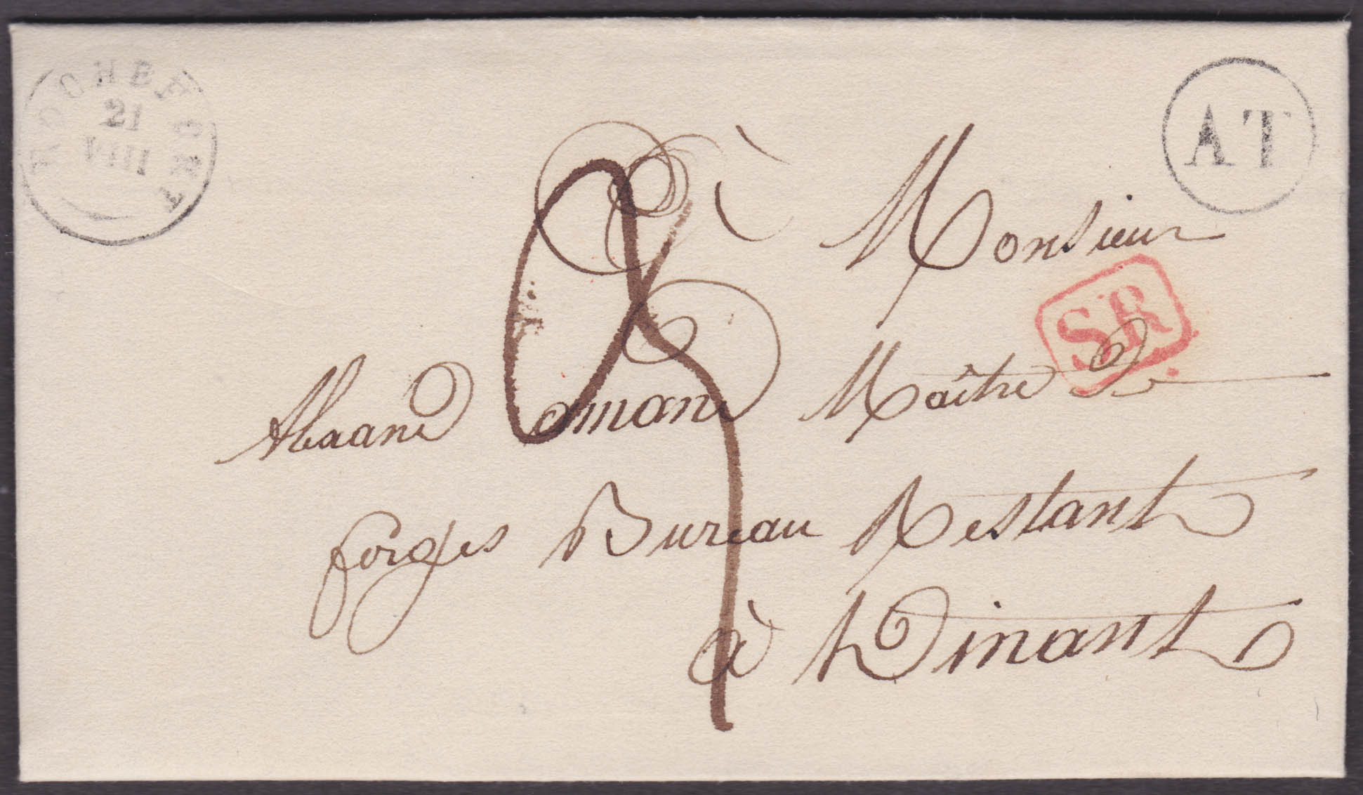 LAC obl T 18 Rochefort 21/8/1839, boite AT de Villers-sur-Lesse et SR vers Dinant. Port 3 décimes.