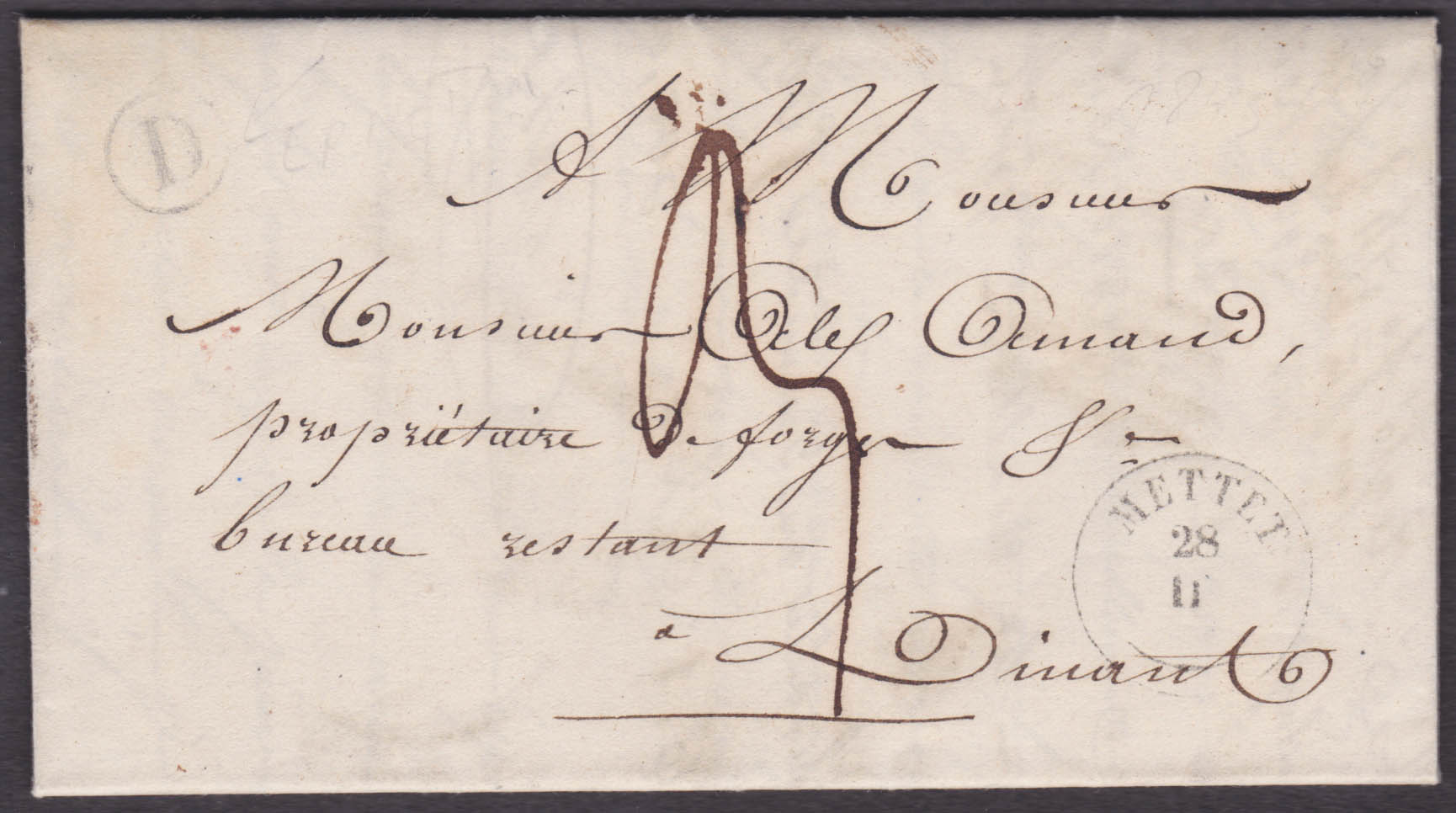 LAC obl T 18 Mettet 28/2/1845, boite D de Ermeton-sur-Biert, vers Dinant. Port 3 déc.
