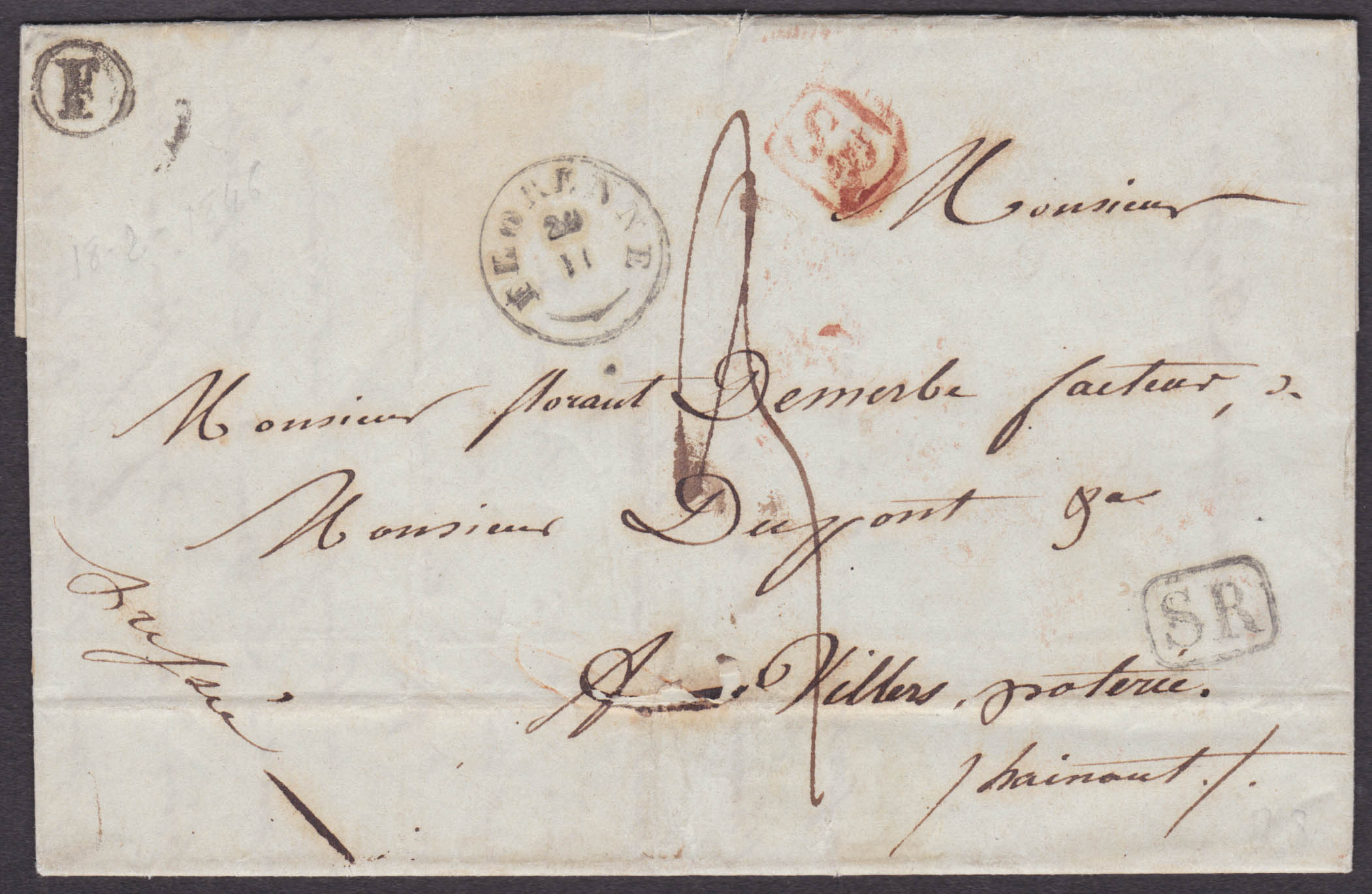 LAC datée d'Oret, càd T 18 Florenne 20/2/1846, boite F de Biesmeree et SR vers Villers-Poterie. Port 3 décimes.