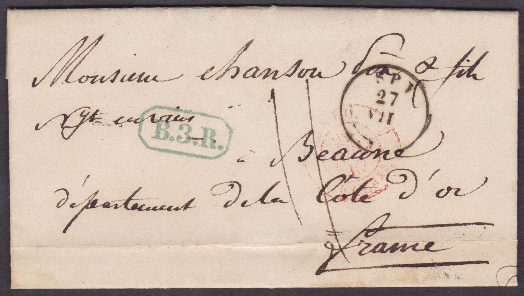 LAC datée de Spy, càd T 18 27/7/1847 + B.3.R. vers Beaune en France. Port 11 décimes dont 4 à verser à l'office belge. Càd arrivée au verso.