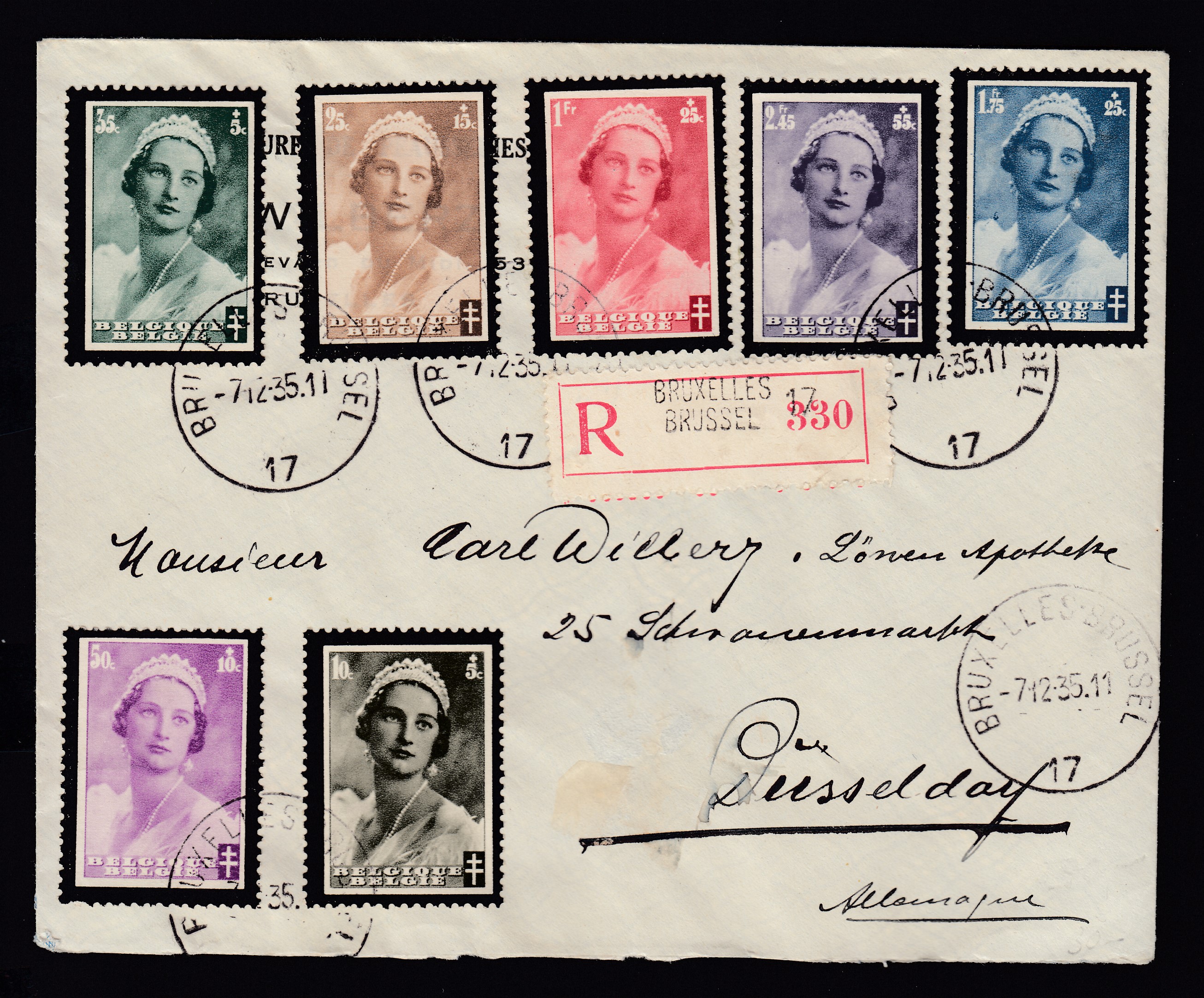 411/18 sur lettre en recommandé de BXL le 7.12.1935 vers Düsseldorf. Càd au verso.