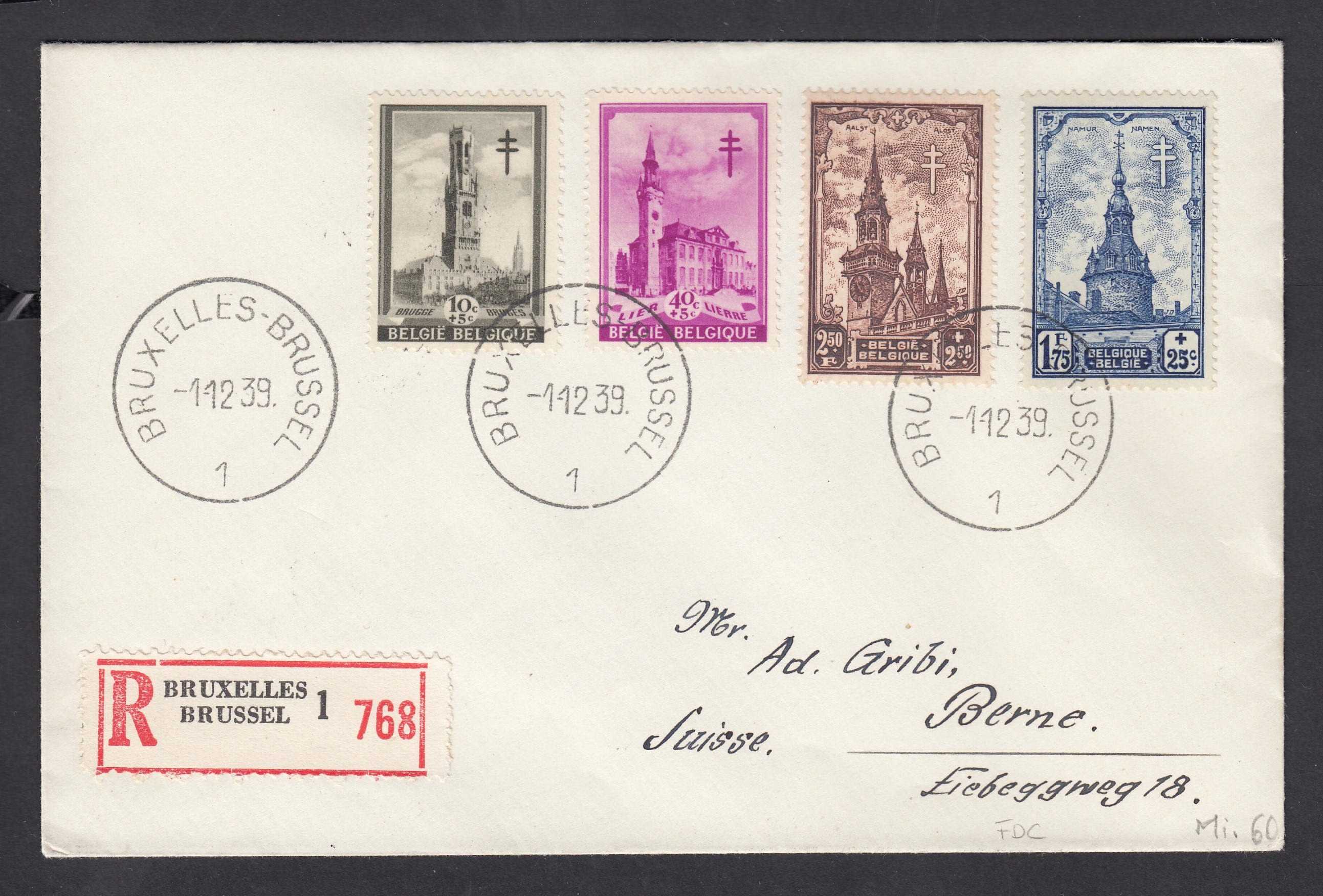 519 +521 +524/25 sur lettre en recommandé de BXL le 1.12.1939 vers Berne, Suisse. Càd au verso.