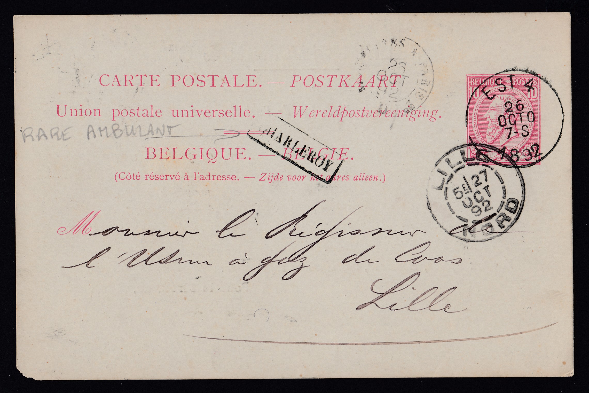 Ep10c type Tp 46 ( Piquage commercial au verso) de Charleroi ( Griffe encadrée) par l'Ambt EST 4 le 26 OCTO vers Lille. Càd au recto.