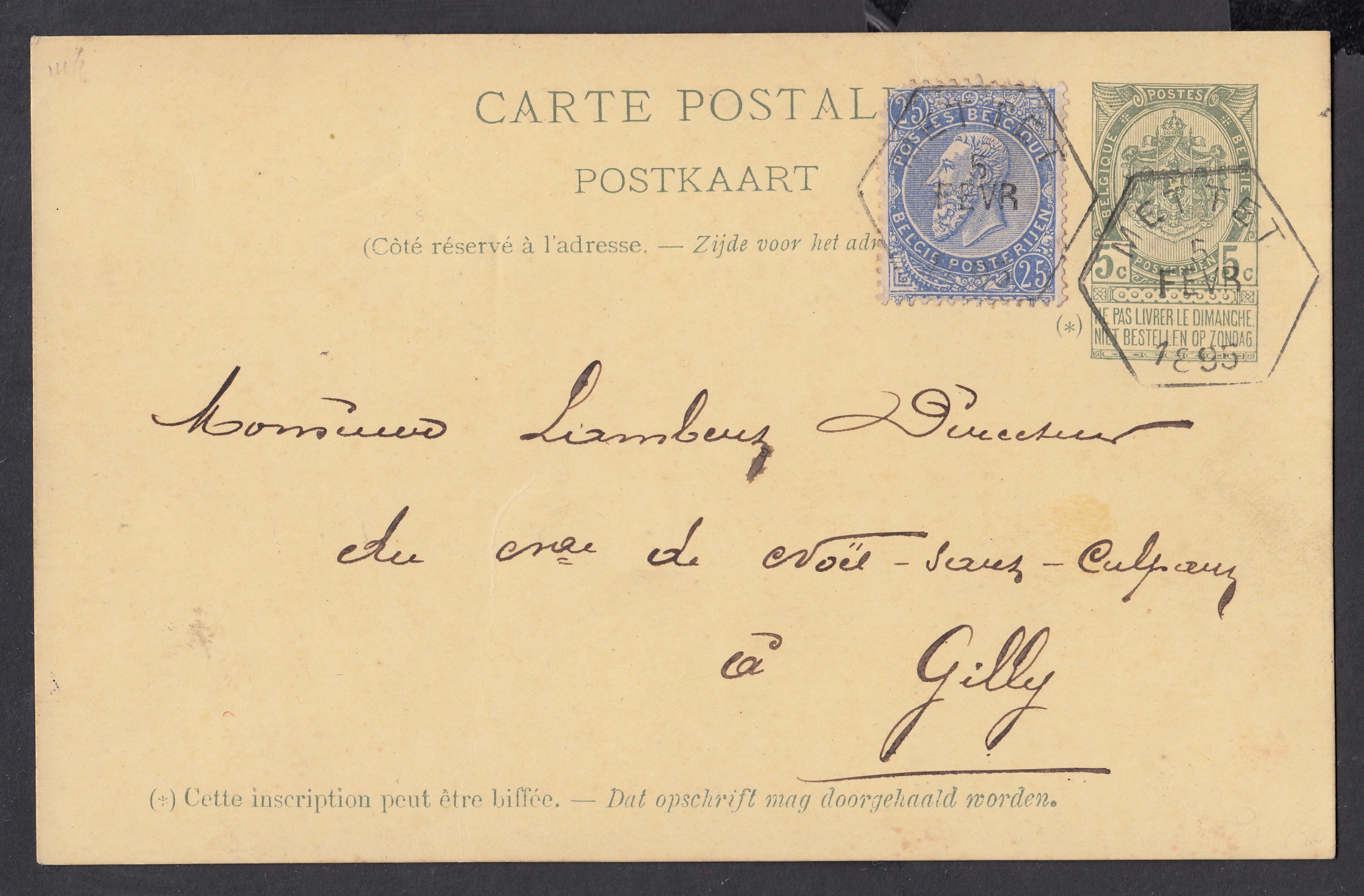 60 sur Ep5c type « Fine Barbe -Tp 56 » en exprès de Mettet ( Cachet hexagonal) le 5 FEVR 1895 vers Gilly.