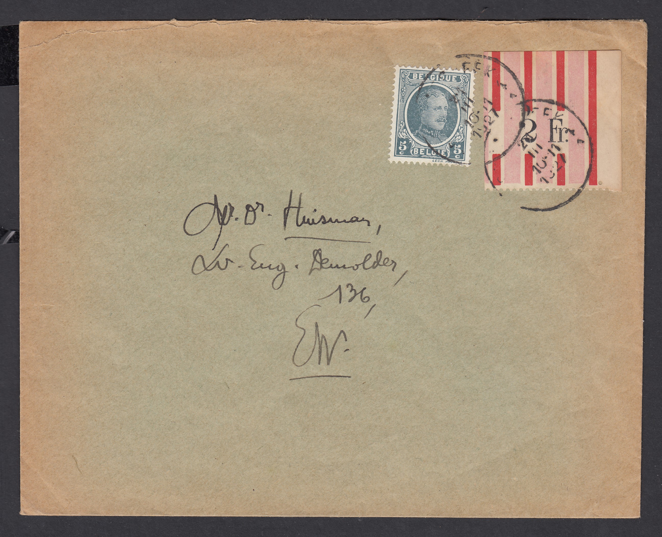 Vignette postale privée de 2Frs +Tp de 5c 193 sur lettre de et vers Schaerbeek le 21.III.1927.