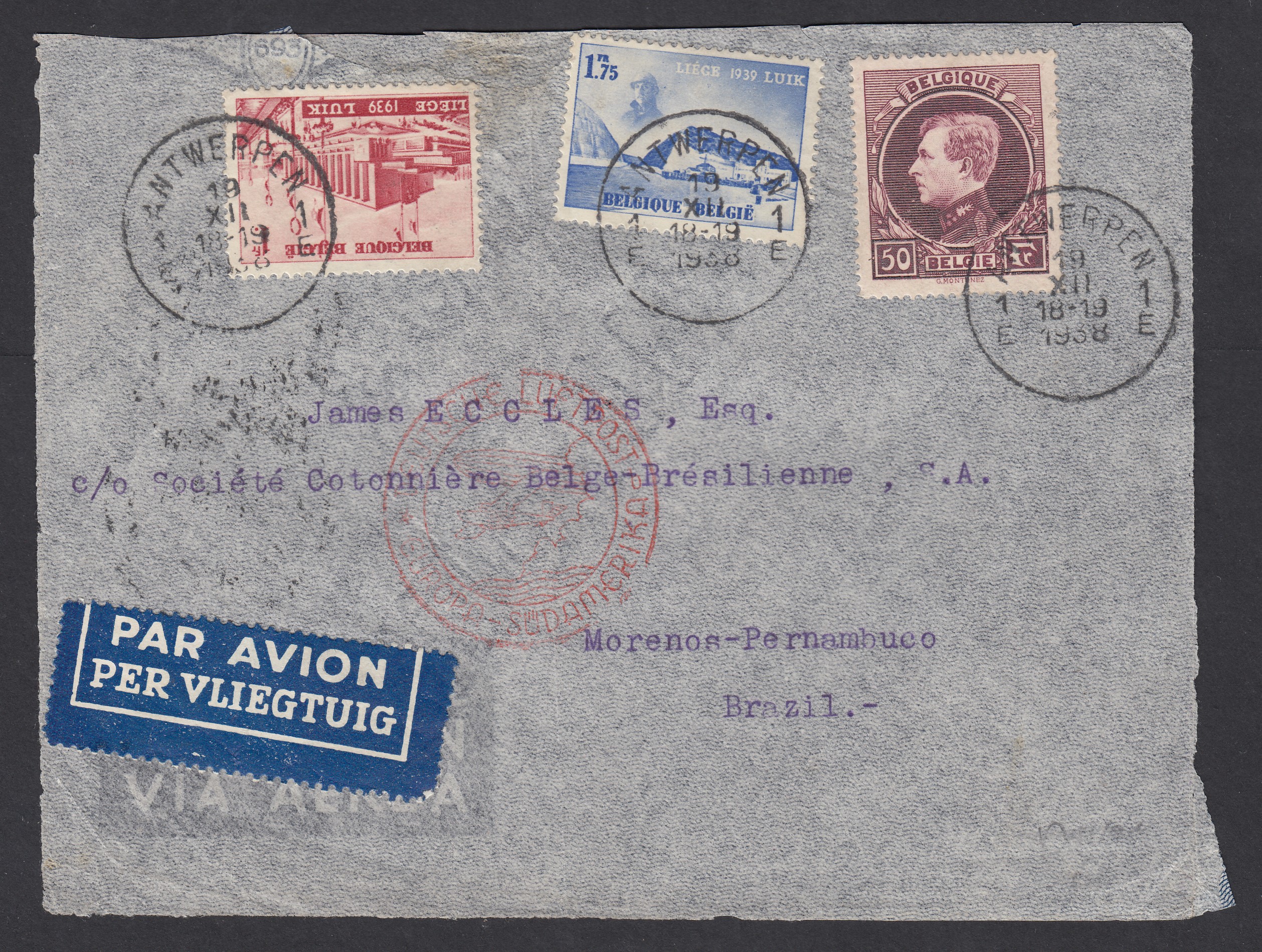 291B +485 +487 sur DEVANT de lettre par avion d'Antwerpen le 19.XII.1938 vers Morenos, Brésil.