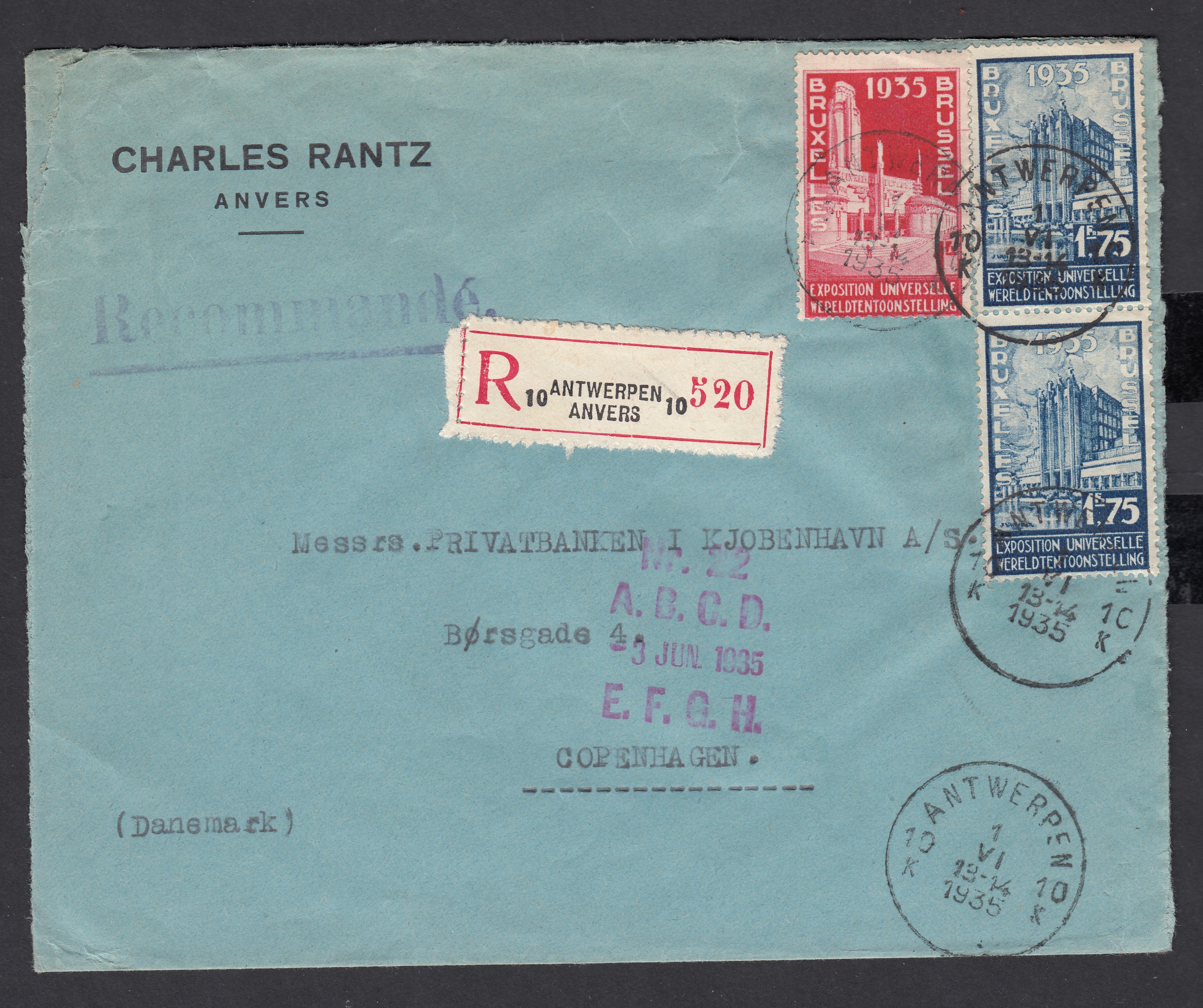 387 +389 sur lettre en recommandé d'Antwerpen10K le 1.VI.1935 vers Copenhague. Càd au verso.