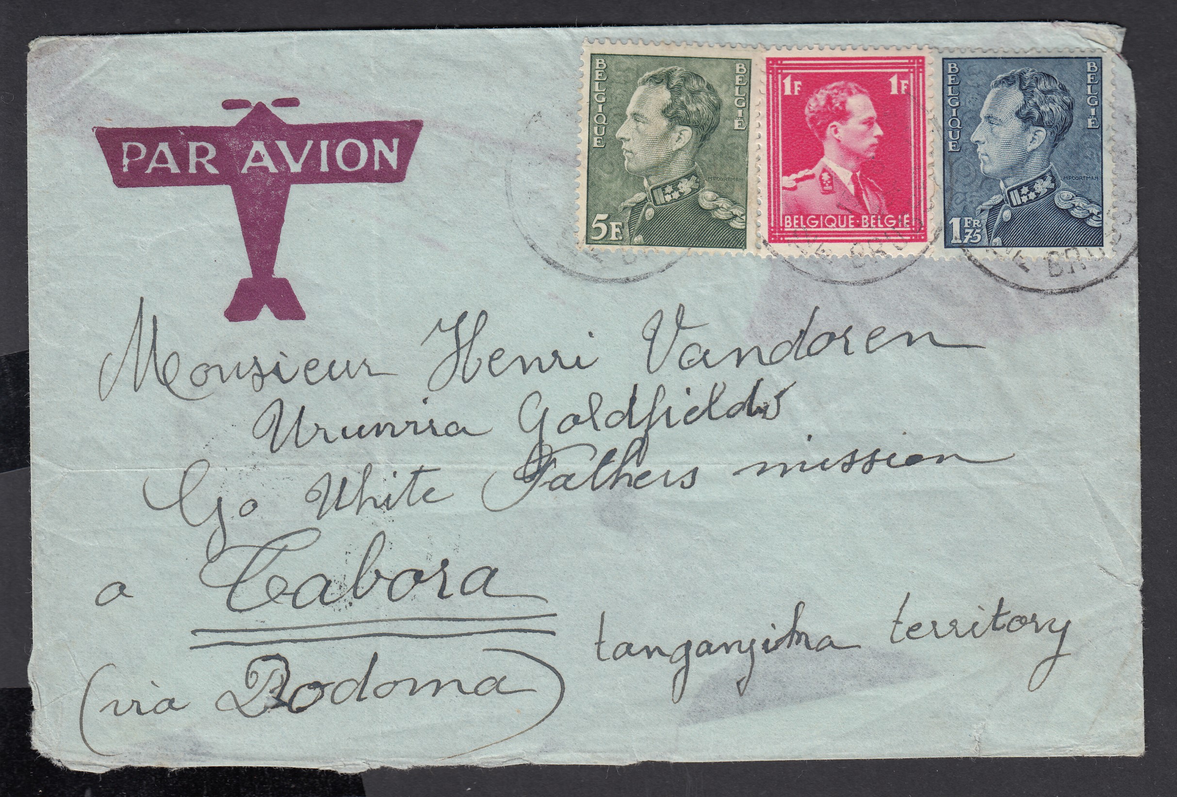 428 +430 +433 sur lettre par avion de BXL le 8.9.1938 vers Tabora, Tanganyika. Càd au verso.