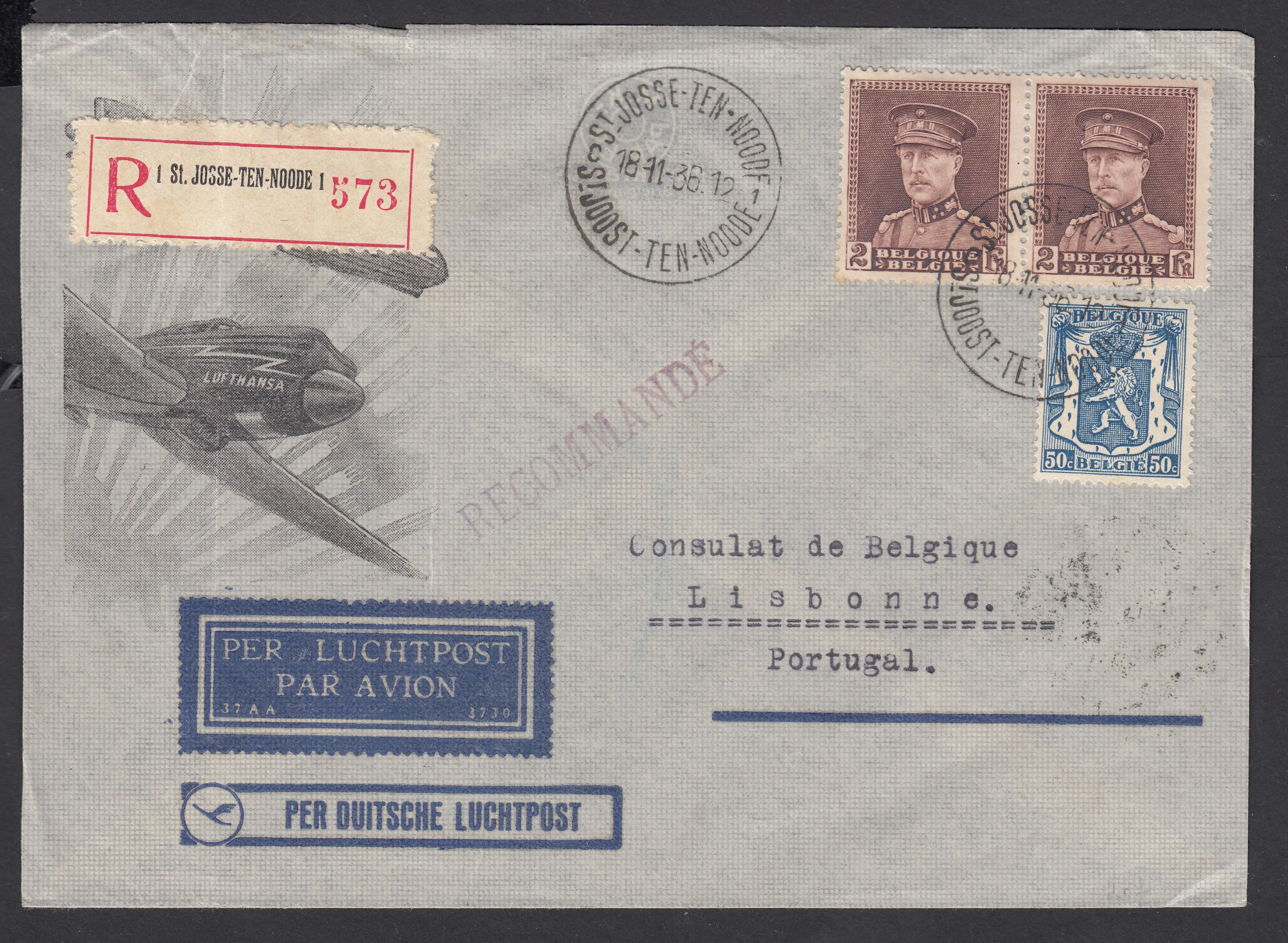 321 en paire +426 sur lettre illustrée (Lufthansa) en recommandé de St-Josse-ten-Noode le 18.11.1938 vers Lisbonne. Càd au verso.