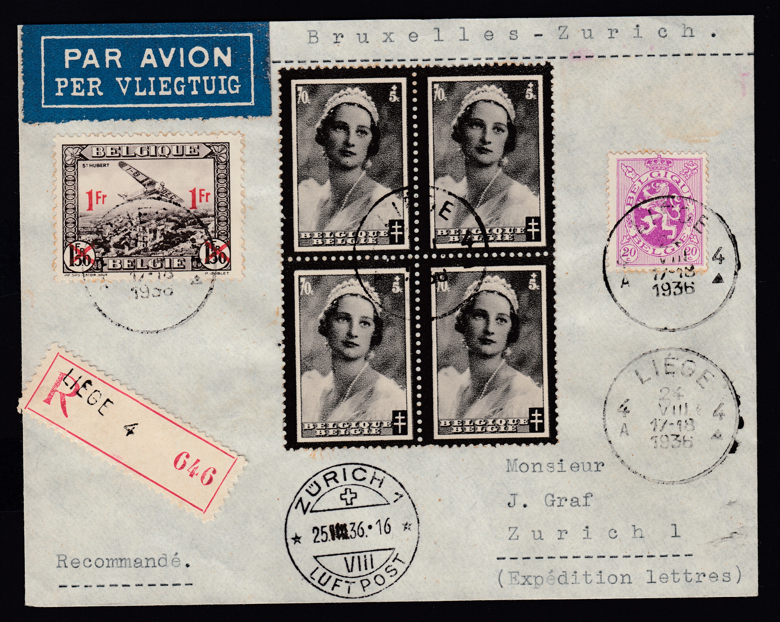 281 +415 en bloc de 4 +Pa6 sur lettre par avion en recommandé de Liège le 24.VIII.1936 vers Zurich. Càd au recto & verso.