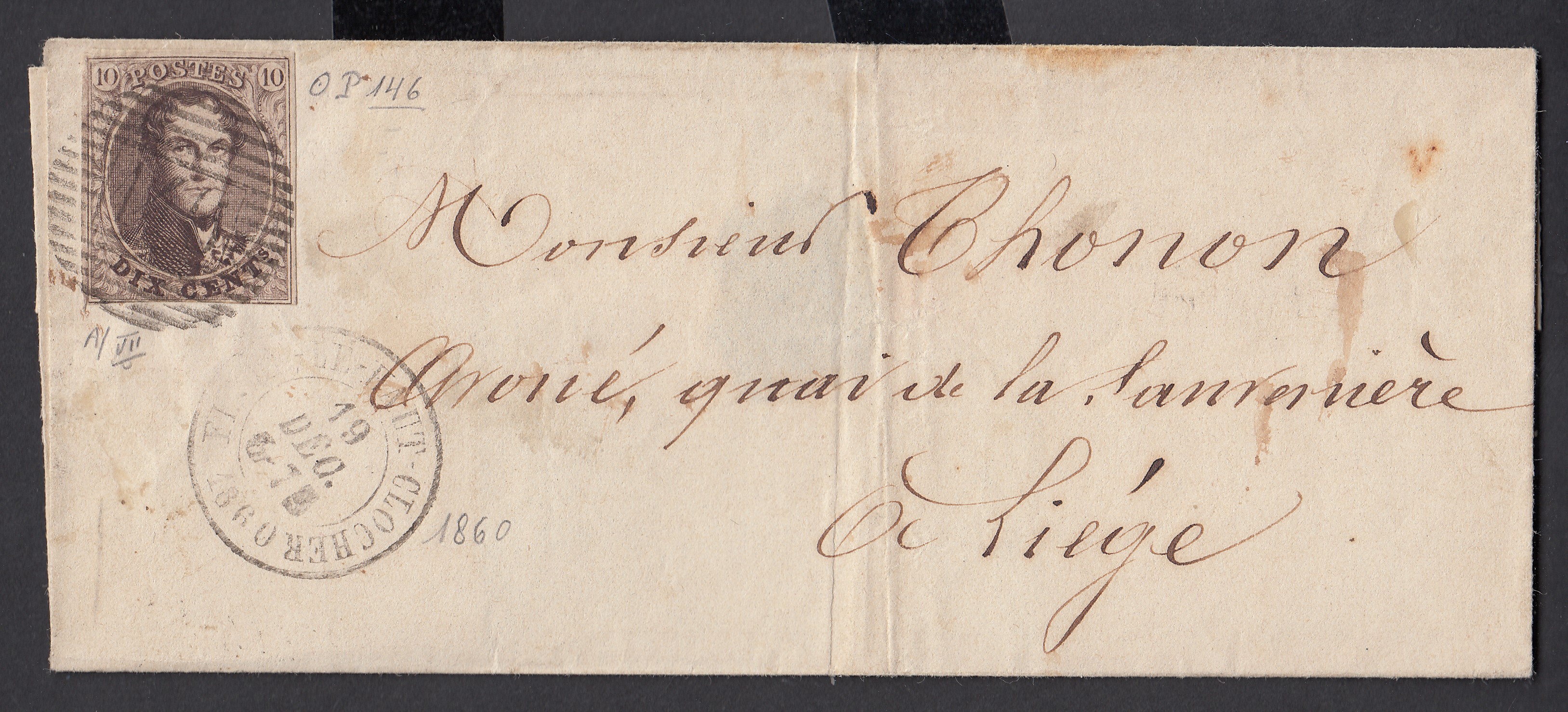 10A (3 marges +une « au filet ») sur LSC de Fexhe-le-haut-Clocher (P146) le 19 déc.1860 vers Liège. Càd au verso.