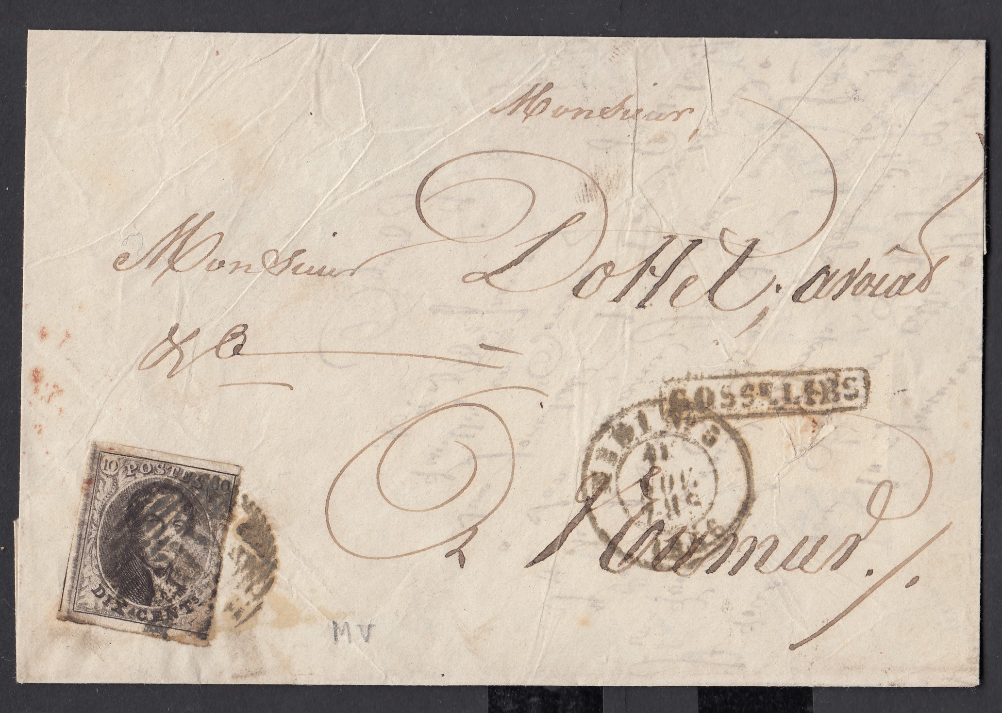 6 (3 marges) sur LSC de Gosselies ( Griffe encadrée « GOSSELIES ») par l'ambt Midi 5 le 11 nov.1856 vers Namur. Càd au verso.