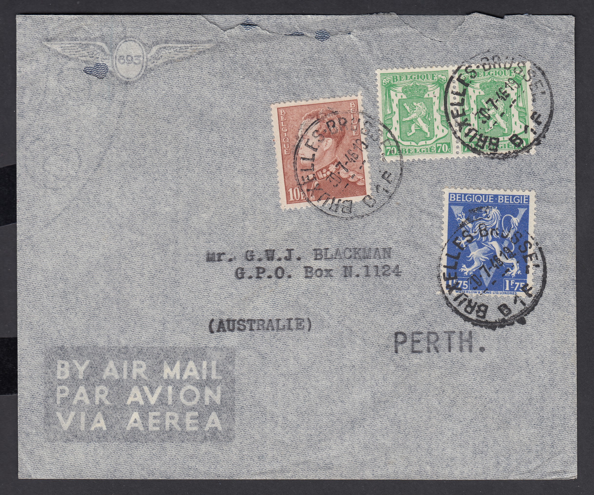 434A +712 en paire +683 sur lettre par avion de BXL le 20.7.1946 vers Perth, Australie.