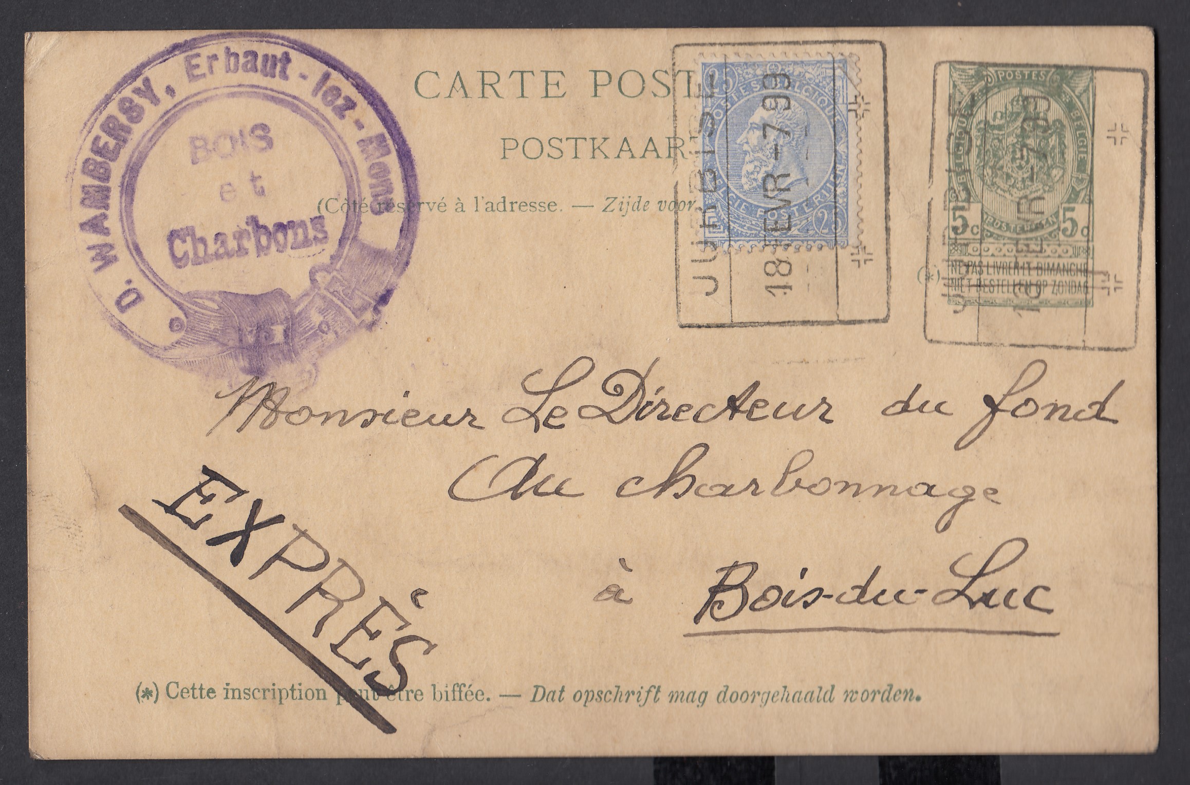 60 sur Ep5c type « Fine Barbe -Tp 56 » en exprès de Jurbise ( Cachet rectangulaire des C.F.) le 18 fev.1899 vers Bois-du-Duc.