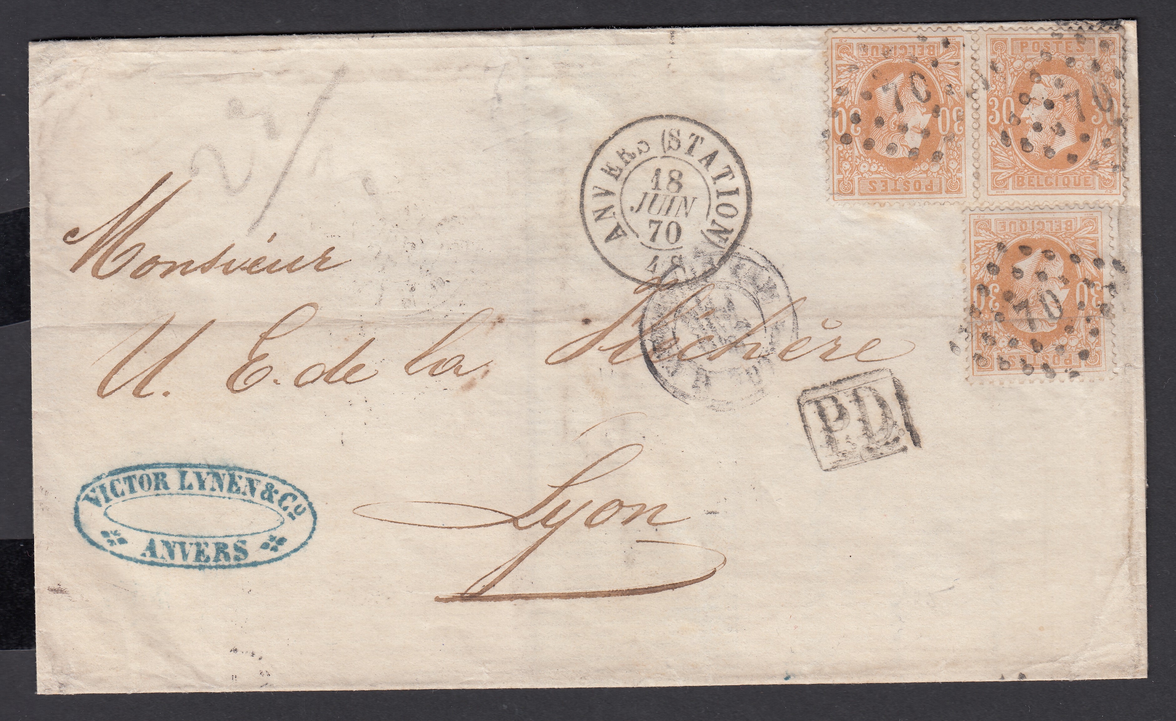 33x3 dont une paire sur LSC d'Anvers (Station) le 18 JUIN 1870 ( Lp70) vers Lyon. Cachets « FRANCE /MIDI 1 » +passages à Paris + Càd au verso.