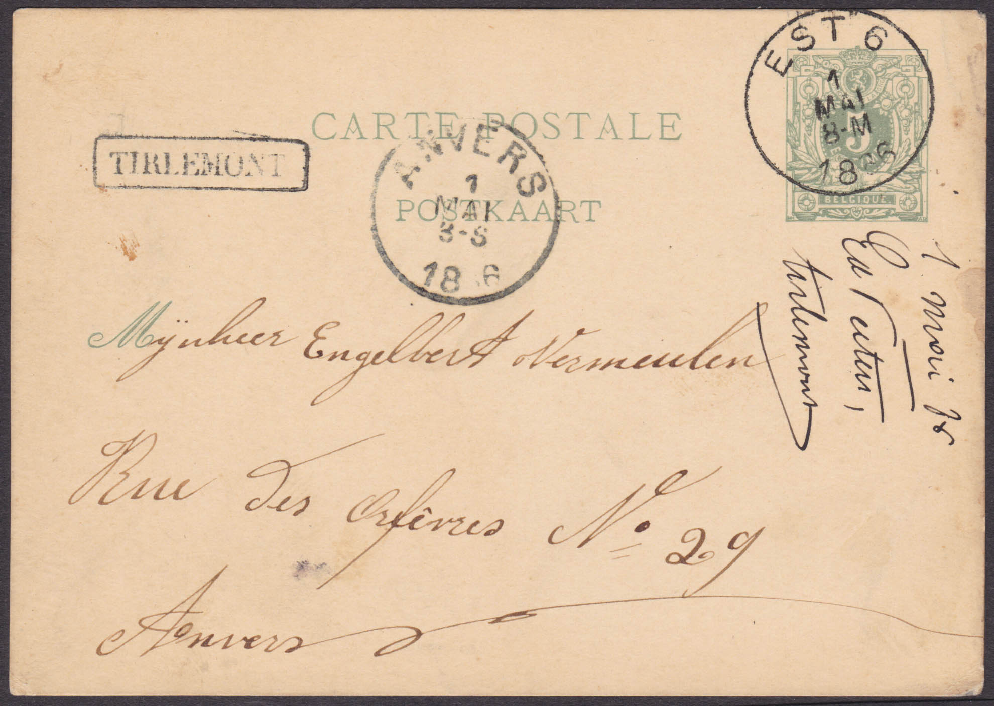 EP 5c obl Est 6 du 1/5/86 + griffe encadrée Tirlemont vers Anvers. Texte au verso.