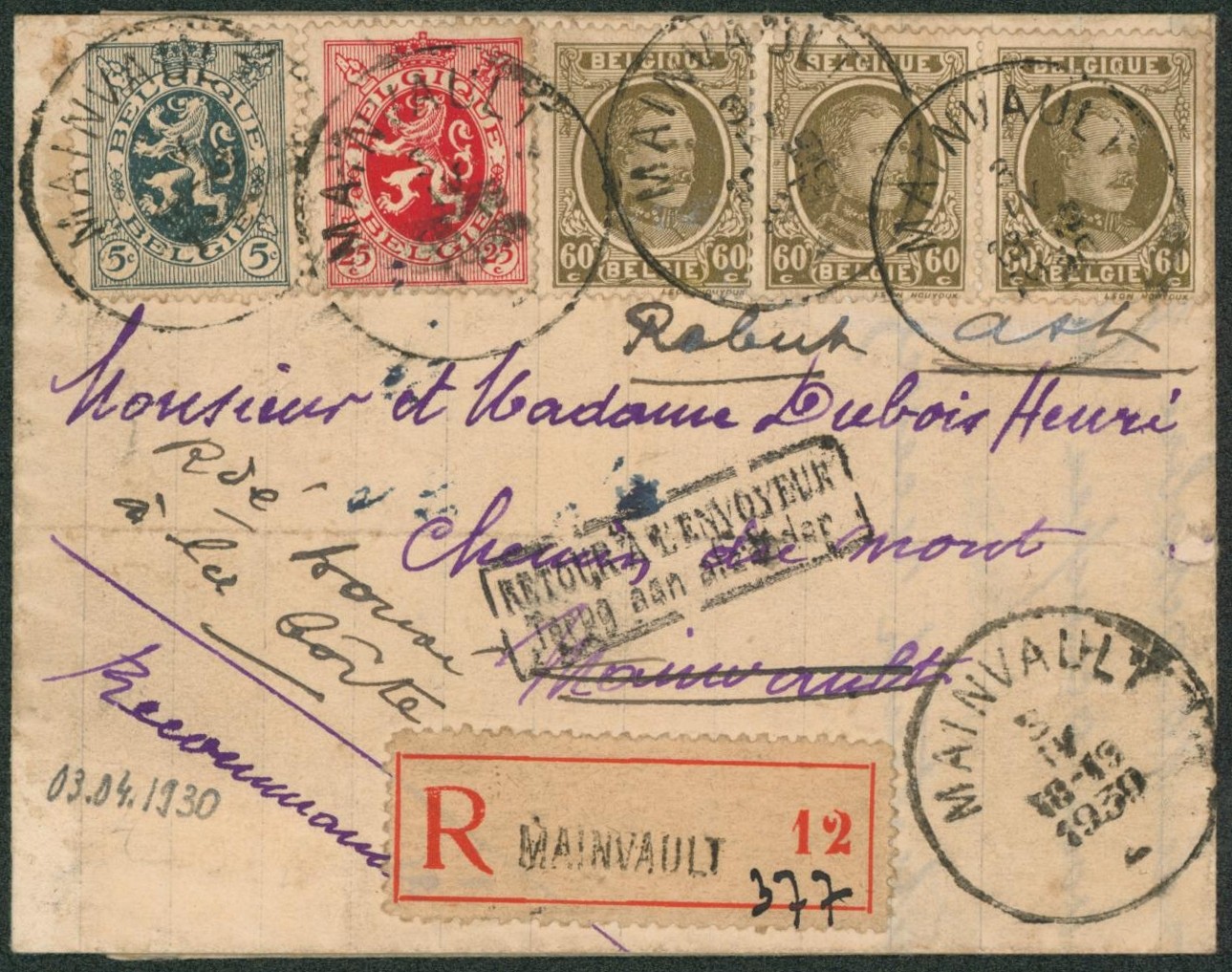 n°255 x3, 279 et 282 sur lettre en recommandé de Mainvault > Mainvault / Retour à l'envoyeur. Verso cachet "Postes-Rebuts Belgique"$"