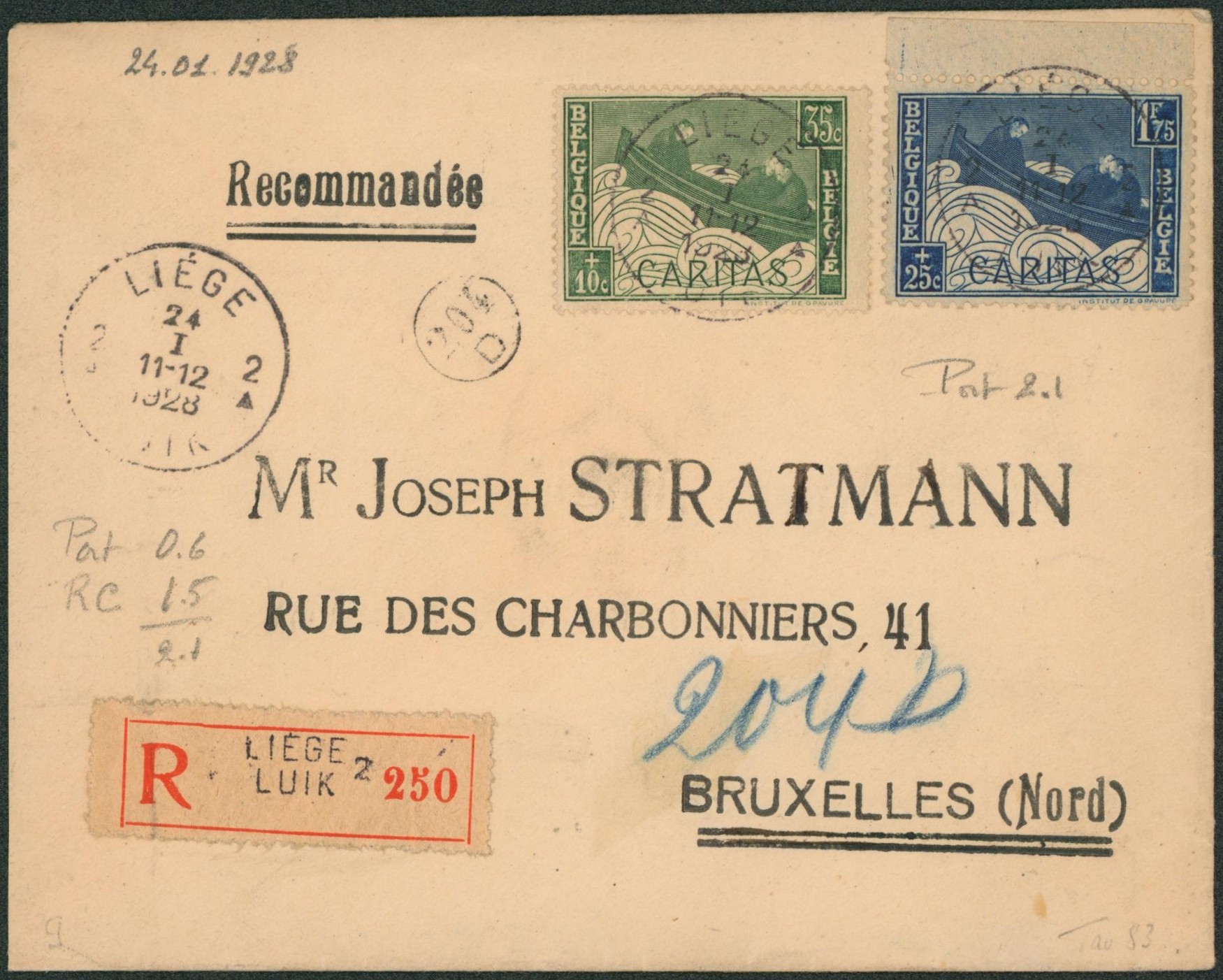Caritas - n°250 et 252 sur lettre en recommandé de Liège > Bruxelles. 