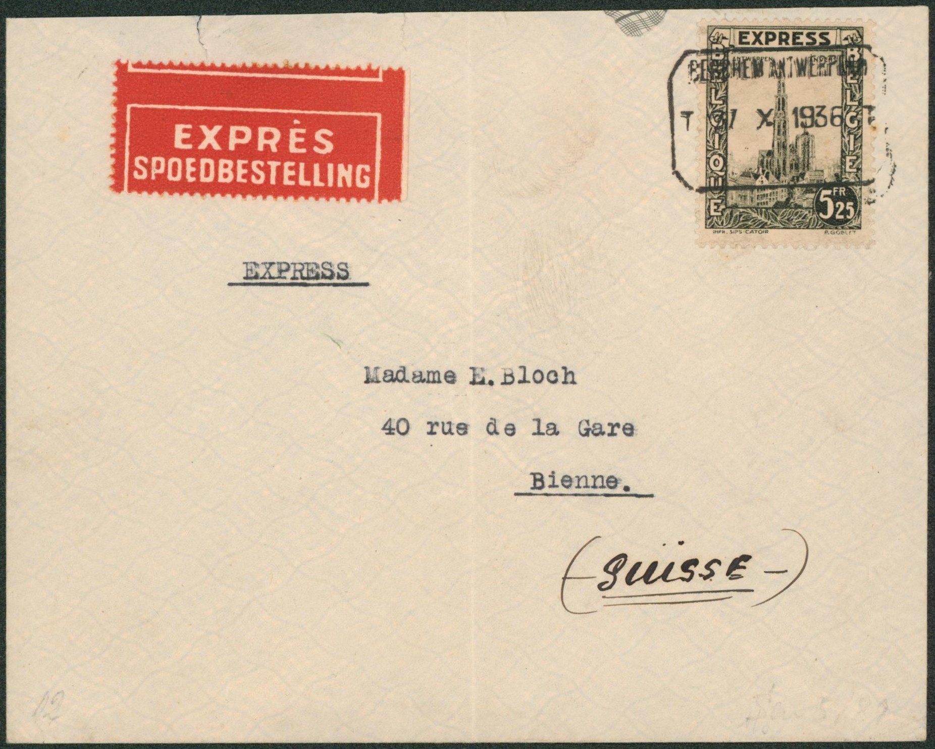 n°292G sur lettre en expres obl télégraphe-téléphone "Berchem-Antwerpen" > Bienne (Suisse)"