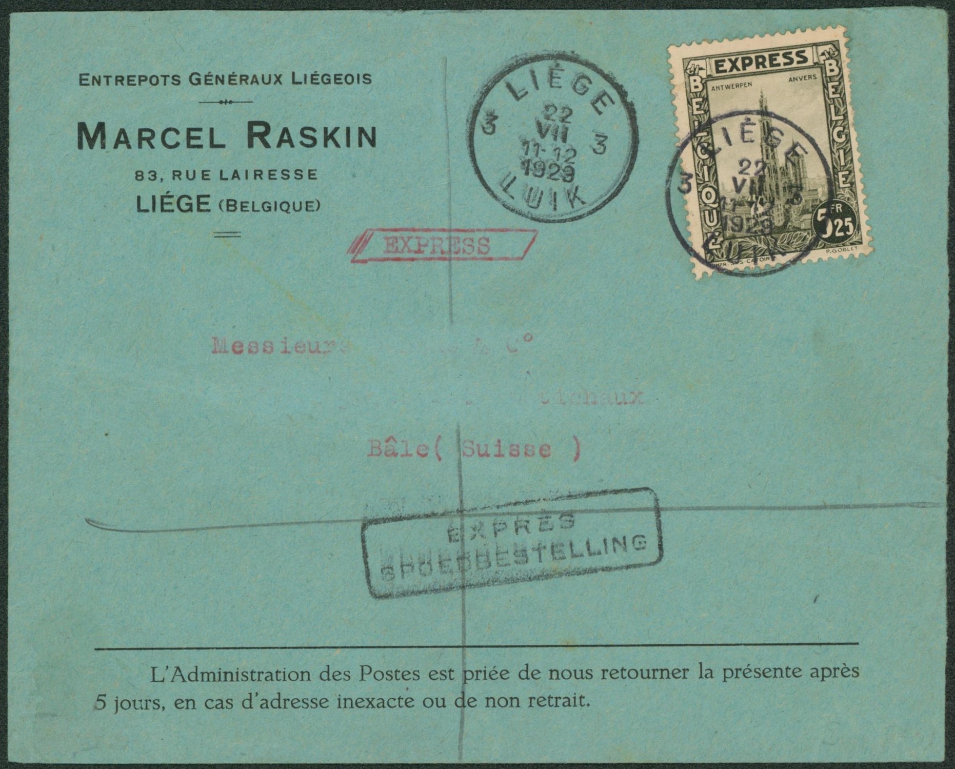 n°292G sur lettre en expres obl simple cercle "Liège" > Bâle (Suisse). "