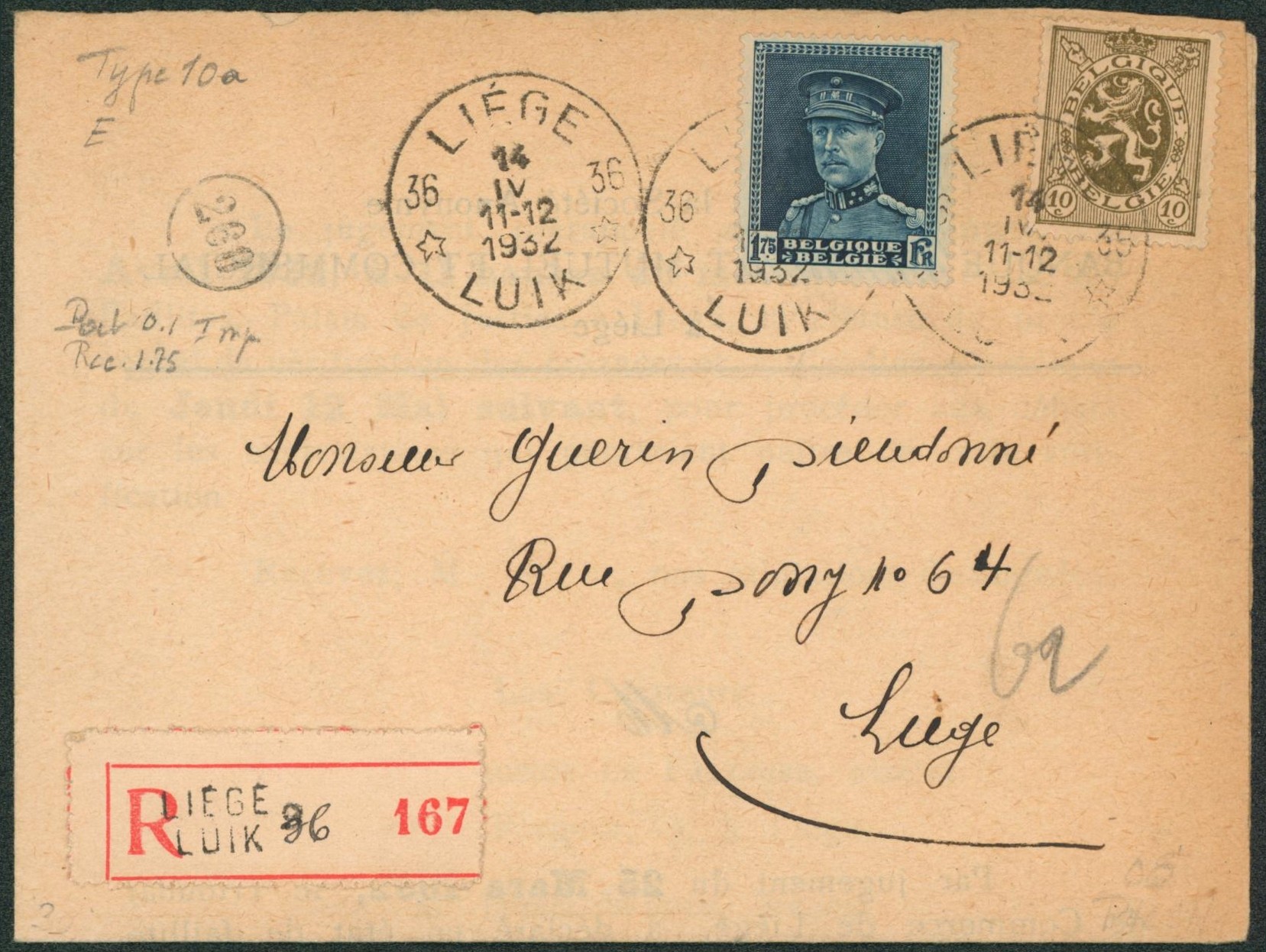 n°284 et 320 sur lettre en recommandé obl agence "Liège / Luik 36" > Liège. "