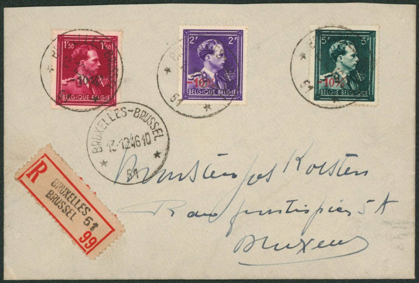 Affranch. Tricolore col ouvert -10% sur lettre en recommandé + obl agence "Bruxelles / Brussel 51" > Bruxelles"