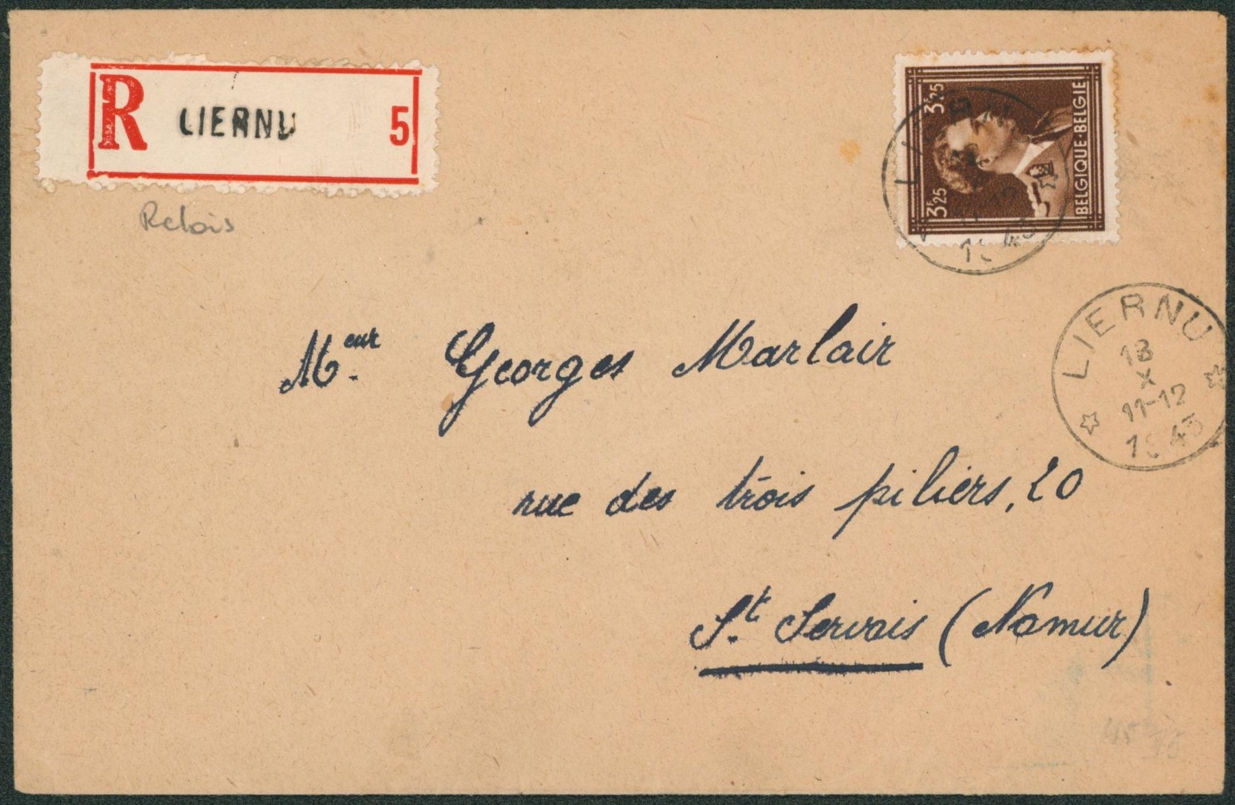 Col ouvert 3F25 sur lettre en recommandé obl relais "Liernu" > St-Servais. "