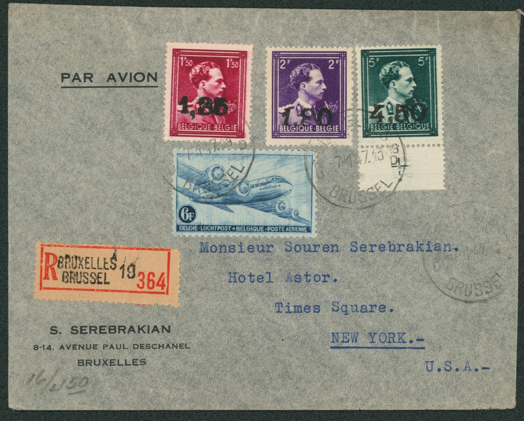 Ghislenghien n°724AA/CC + PA8 sur lettre en recommandé de Bruxelles par avion > New-York (USA).