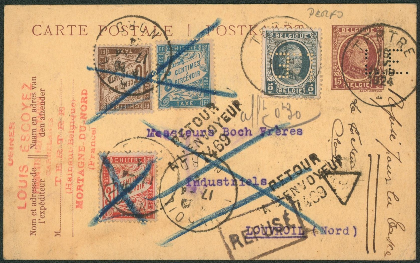 EP au type 15ctm lilas houyoux (Perforation de firme, L.E.) + n°193 expédié de Tertre > Louvroil (Nord, France), taxe tricolore française + retour à l'envoyeur. Superbe ! 