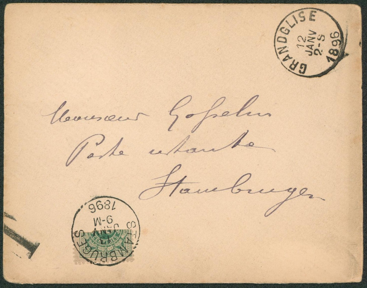 Lettre non affranchie expédiée de Grandglise > Stambruges, poste restante, taxée par TX1 à moitié. 