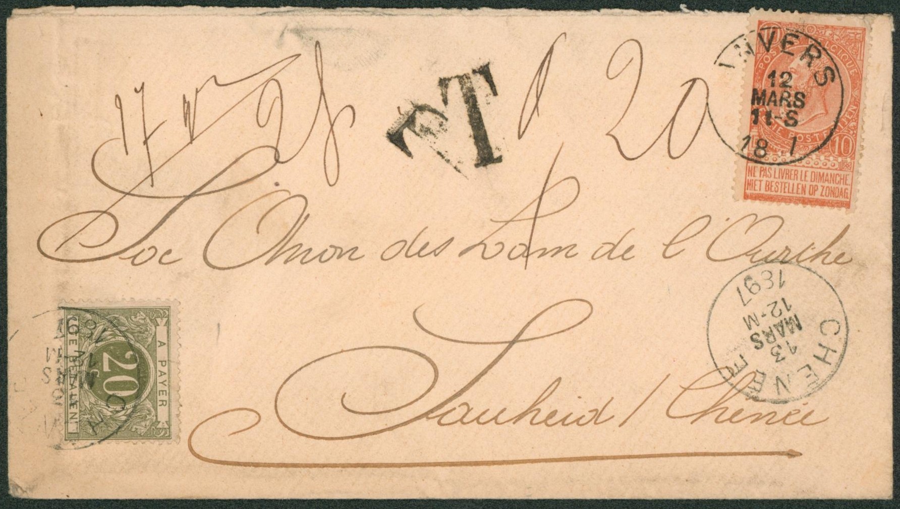 n°57 sur lettre expédiée de Anvers (double port) > Chenée, taxé part TX6