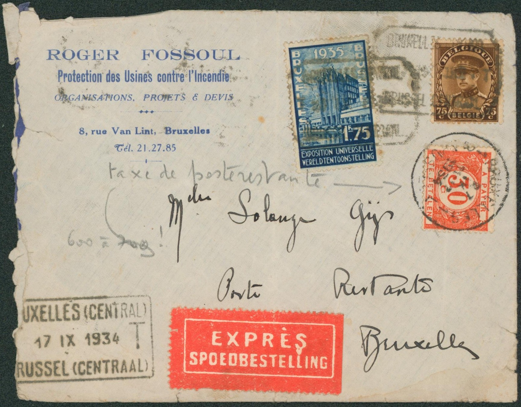 n°341 et 389 sur lettre en expres obl télégraphe-téléphone "Bruxelles (central)" > poste restante Bruxelles, taxé à 30ctm pour la poste restante. "