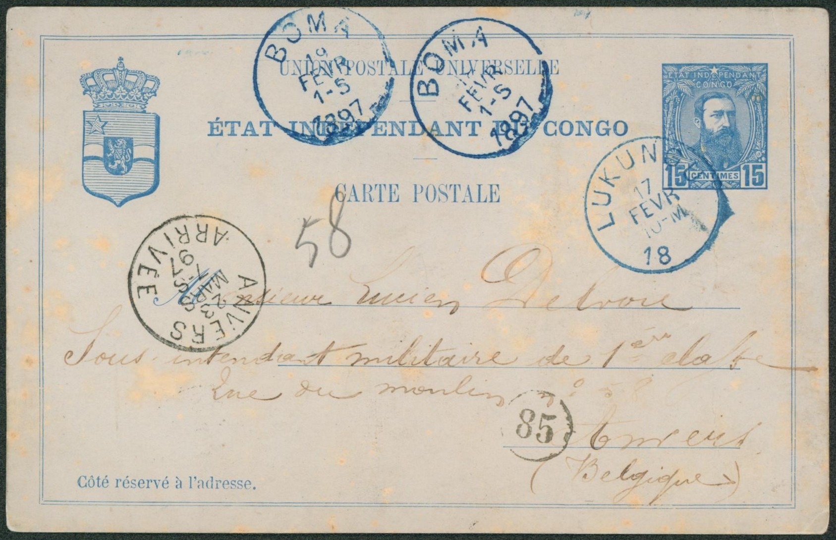 EP au type 15ctm bleu (Léopold II, SBEP 11) obl S.C. "Lukungu" via Boma > Anvers "