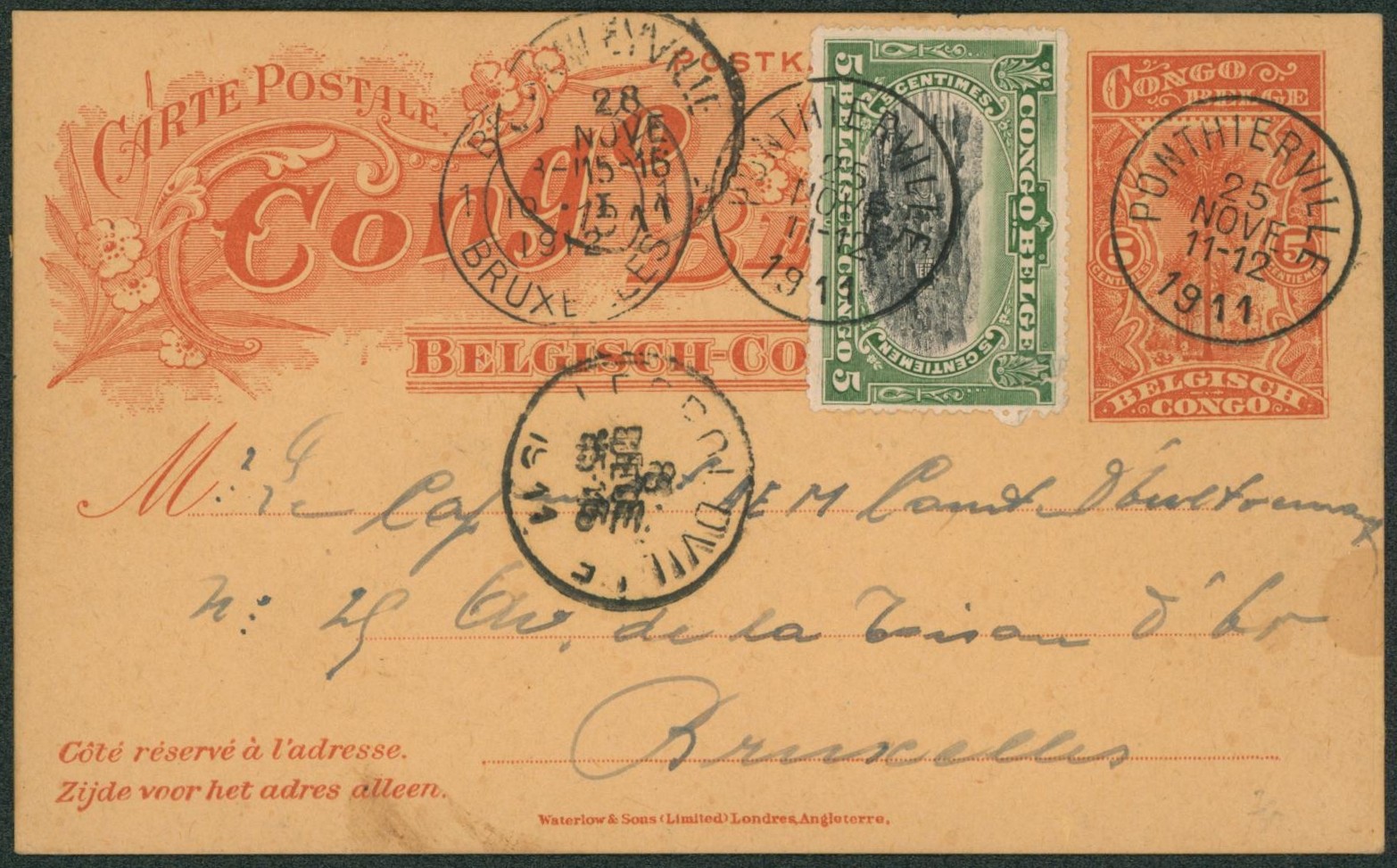 Congo Belge - EP au type 5ctm rouge (SBEP n°36) + n°54 expédié de Ponthierville > Bruxelles. 