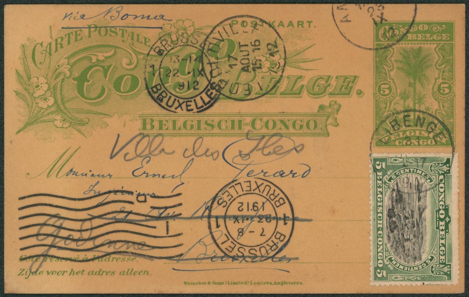 Congo Belge - EP au type 5ctm vert (SBEP n°38) + n°54 expédié de Libenbe via Boma > Bruxelles redirigé vers Godinne. 