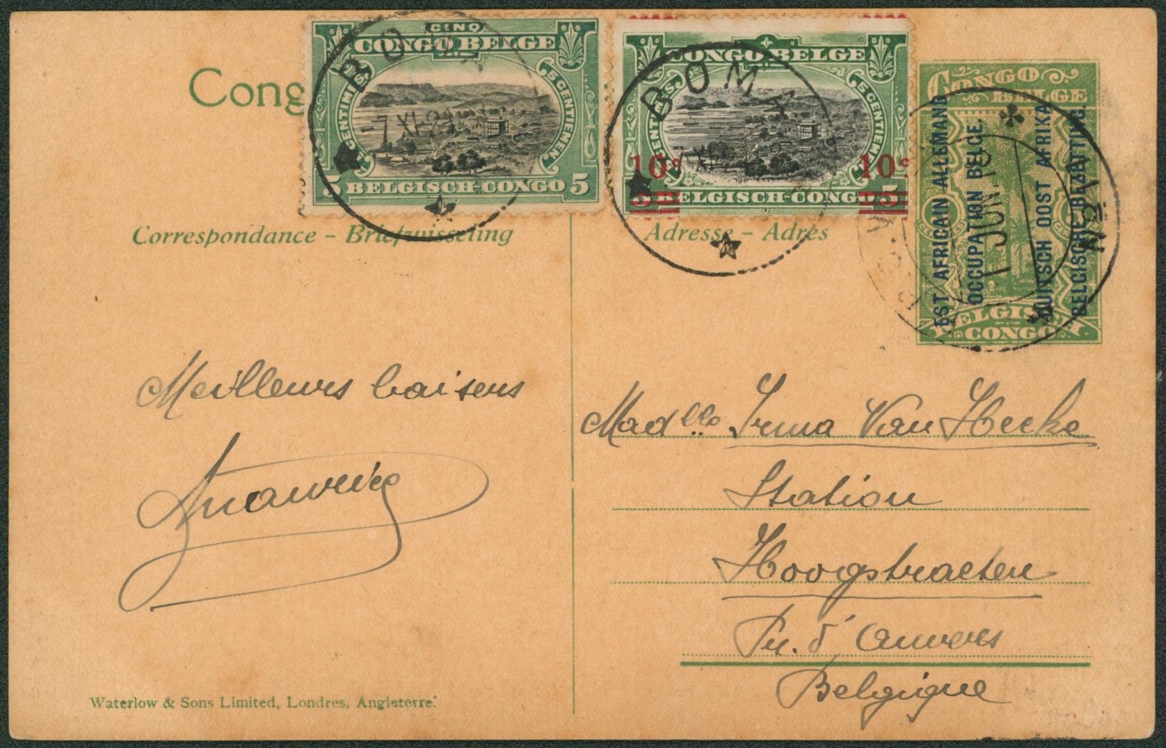 Ruanda-Urundi - EP vue au type 5ctm vert obl DC "B.P.C.V.K.B. / n°17" + Affranch. Mixte Congo Belge obl S.C. "Boma" > Hoogstraeten. TB "