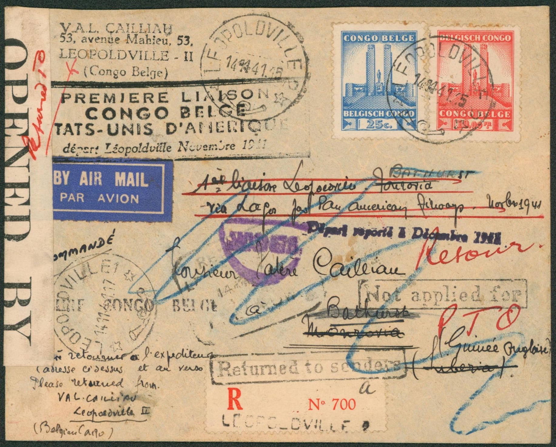 Monument roi Albert - n°216 et 224 sur lettre en recommandé de Léopoldville (1941) par avion 1er liaison Léopoldville Monrovia (Liberia) + censure du congo et bandelette de censure. Départ reporté + griffe "Returned to senders"  / Annulation à la craie. "