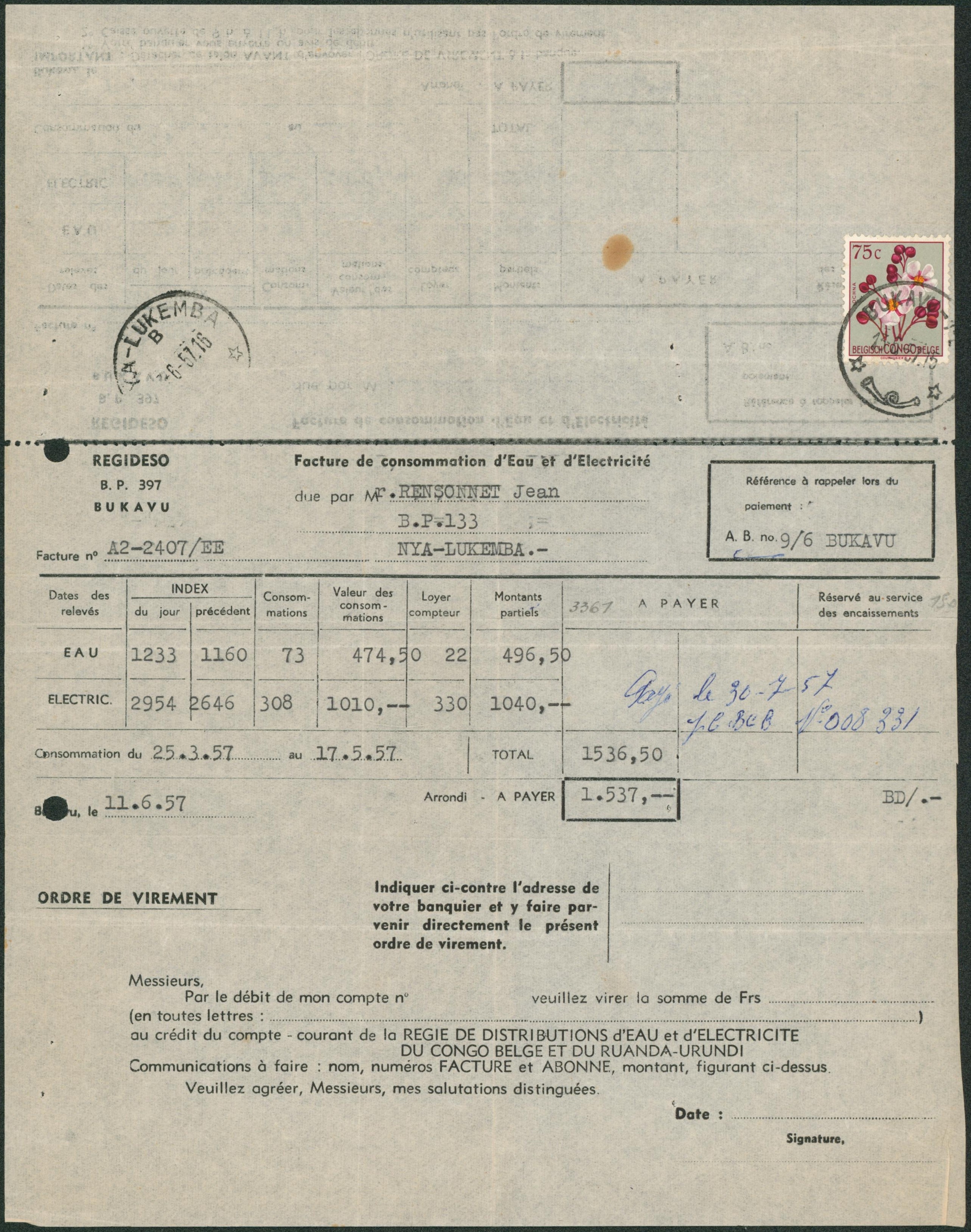 Congo Belge - Fleur 75C sur facture de consommation d'eau et d'éléctricité fait à Nya-Lukemba + obl S.C. "Bukavu-C""
